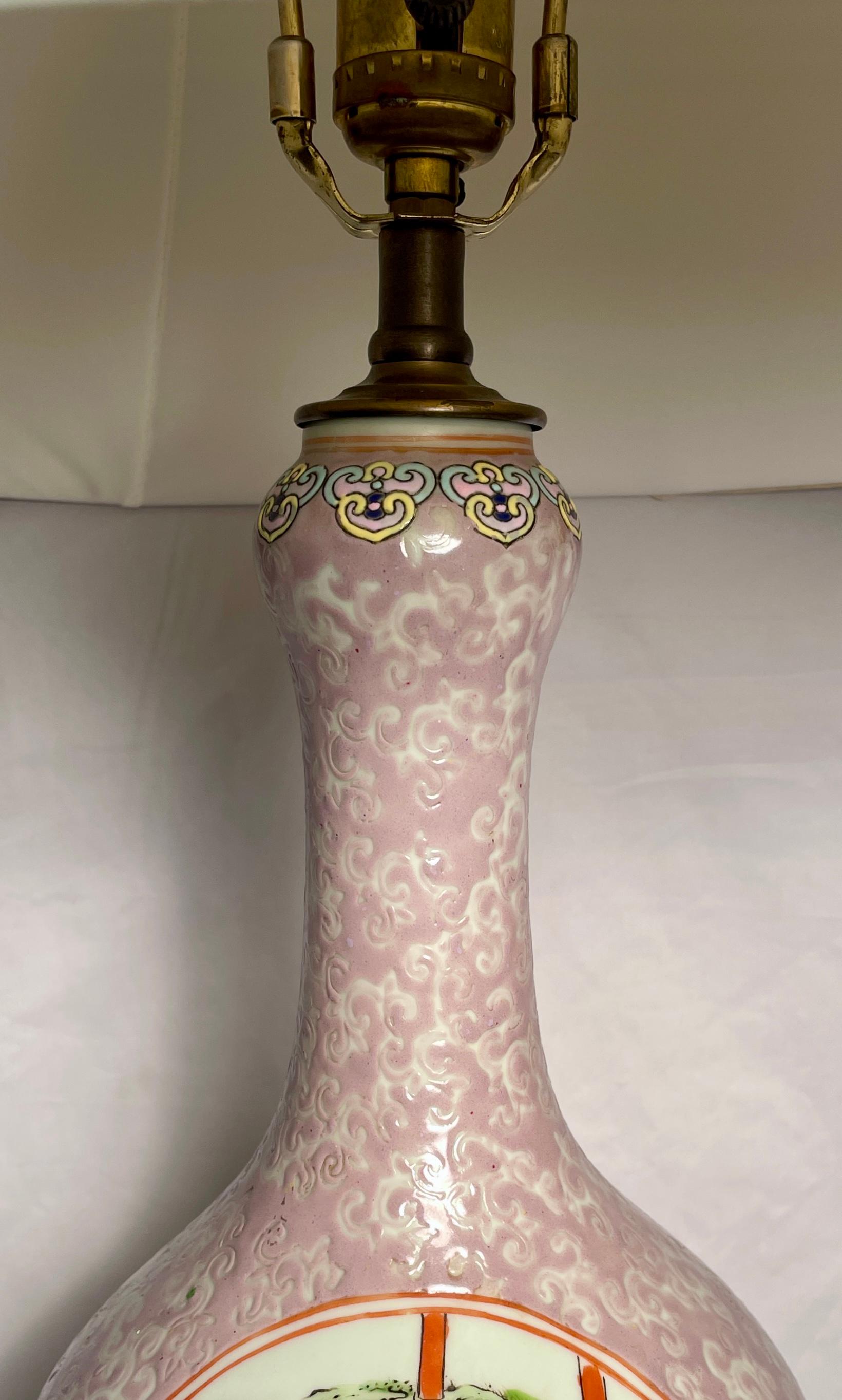 Pair Antique 19th Century Chinese Porcelain Bottle Vase Lamps w/ Mandarin Panels For Sale 1