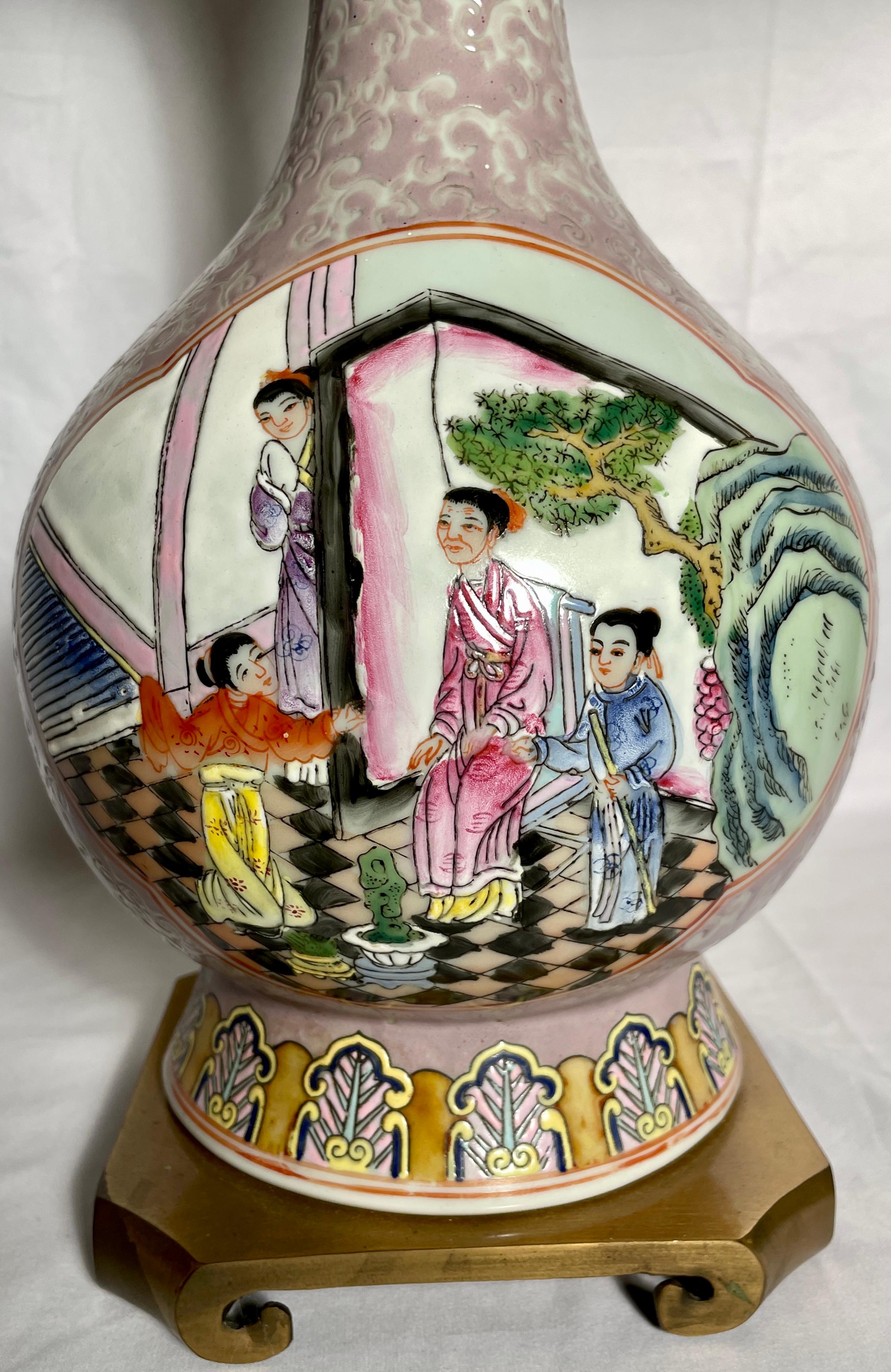 Pair Antique 19th Century Chinese Porcelain Bottle Vase Lamps w/ Mandarin Panels For Sale 2