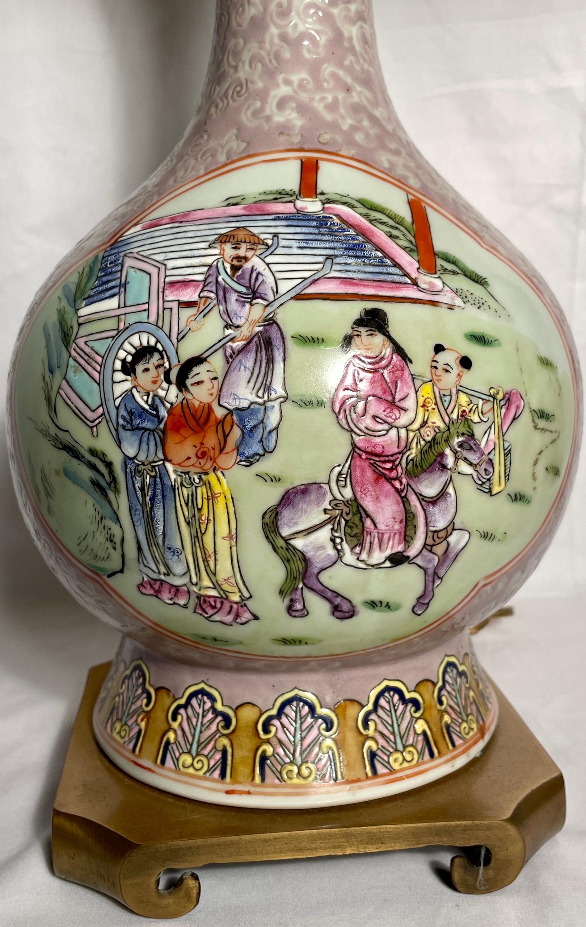 Pair Antique 19th Century Chinese Porcelain Bottle Vase Lamps w/ Mandarin Panels For Sale 3