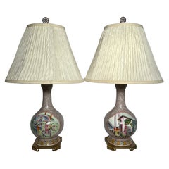 Pair Antique 19th Century Chinese Porcelain Bottle Vase Lamps w/ Mandarin Panels