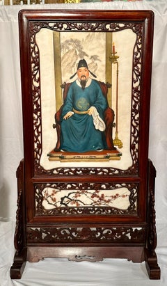 Pair Antique 19th Century Chinese Teakwood and Porcelain Table Screen Plaques.