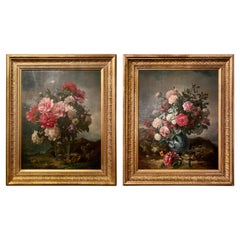 canvas ec Pair Antique 19th Century E.C. Muraton Floral Still-Life Oil on Canvas Paintings