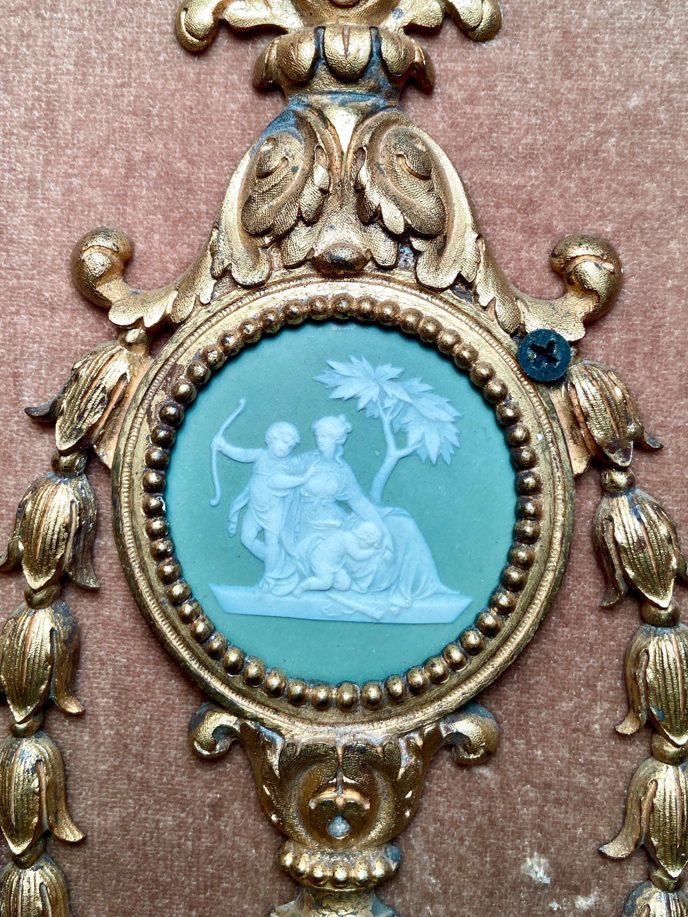 Pair Antique 19th Century English Adam Style Bronze D'ore Sconces with Plaques For Sale 1
