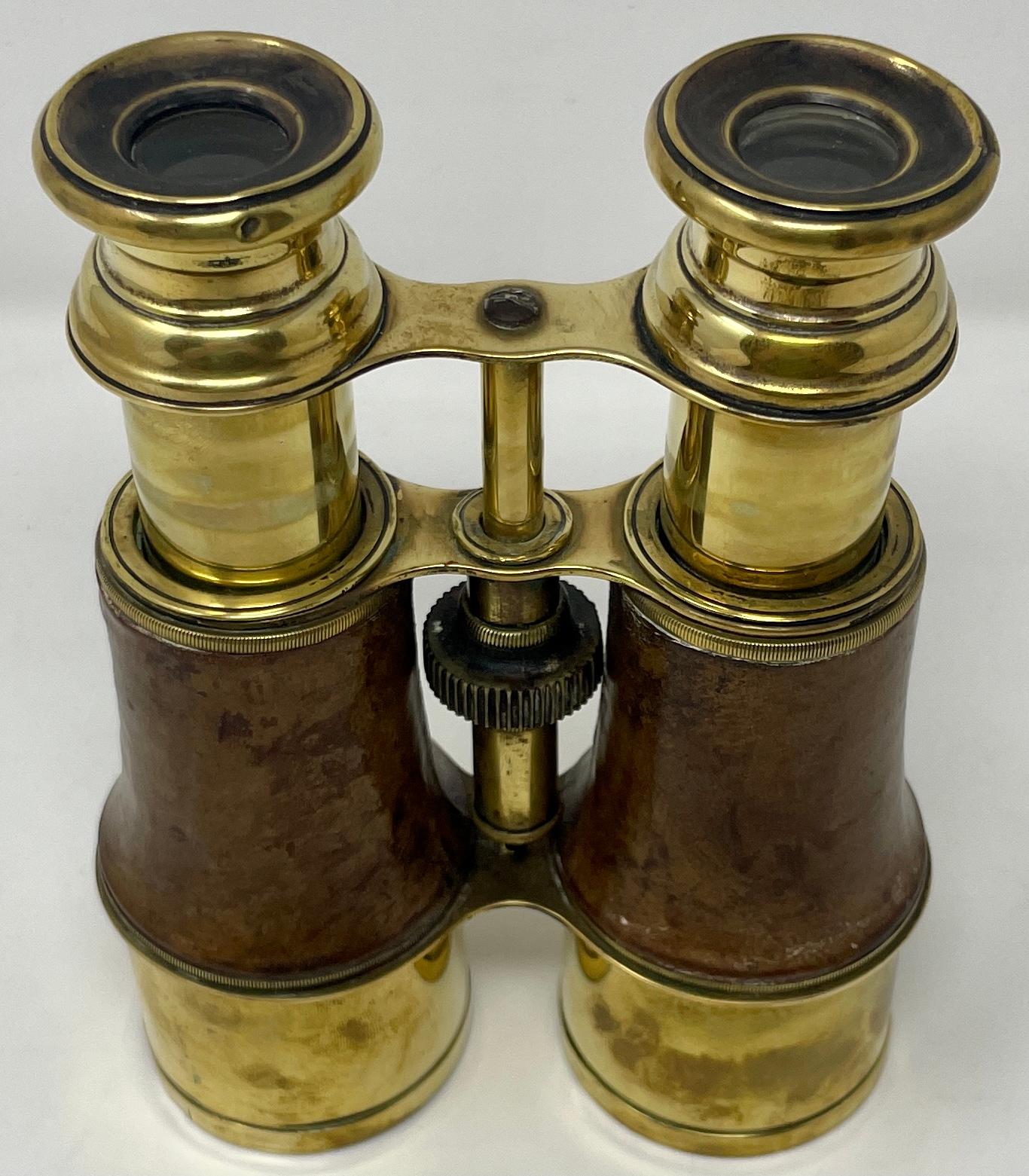 Pair antique 19th century English brass & leather Binoculars.