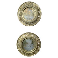 Pair Antique 19th Century English Etched Portraits in Brass