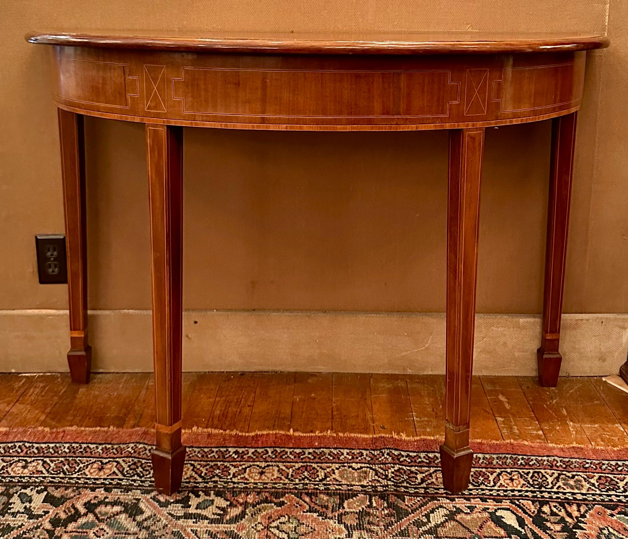 Pair Antique 19th Century English Mahogany Console Tables with Satinwood Inlay. In Good Condition For Sale In New Orleans, LA