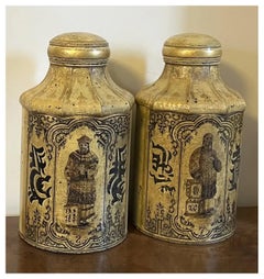 Pair Antique 19th century English Regency Chinoiserie Tole Tea Caddy Canisters
