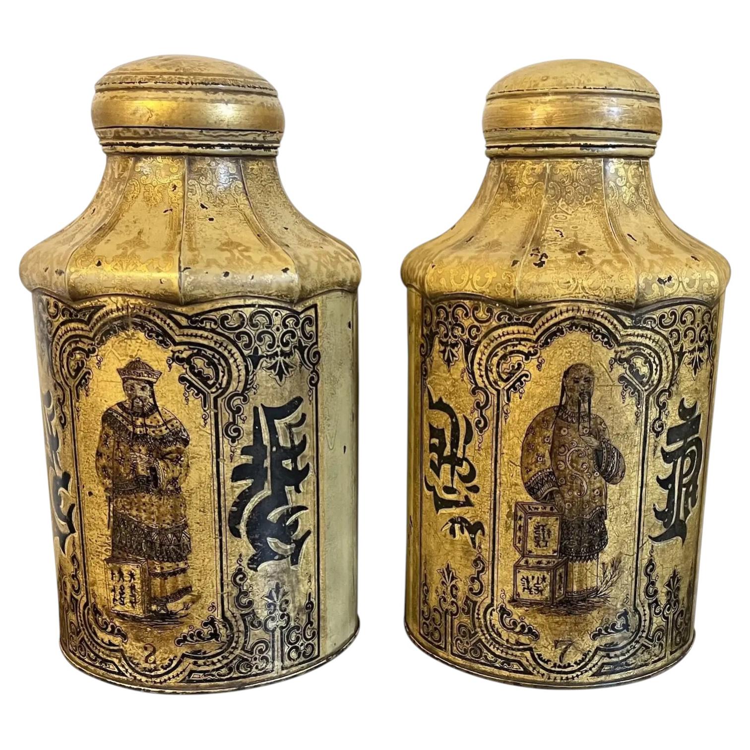 Paar antike 19. Jahrhundert Englisch Regency Chinoiserie Tole Tea Caddy Kanister im Angebot