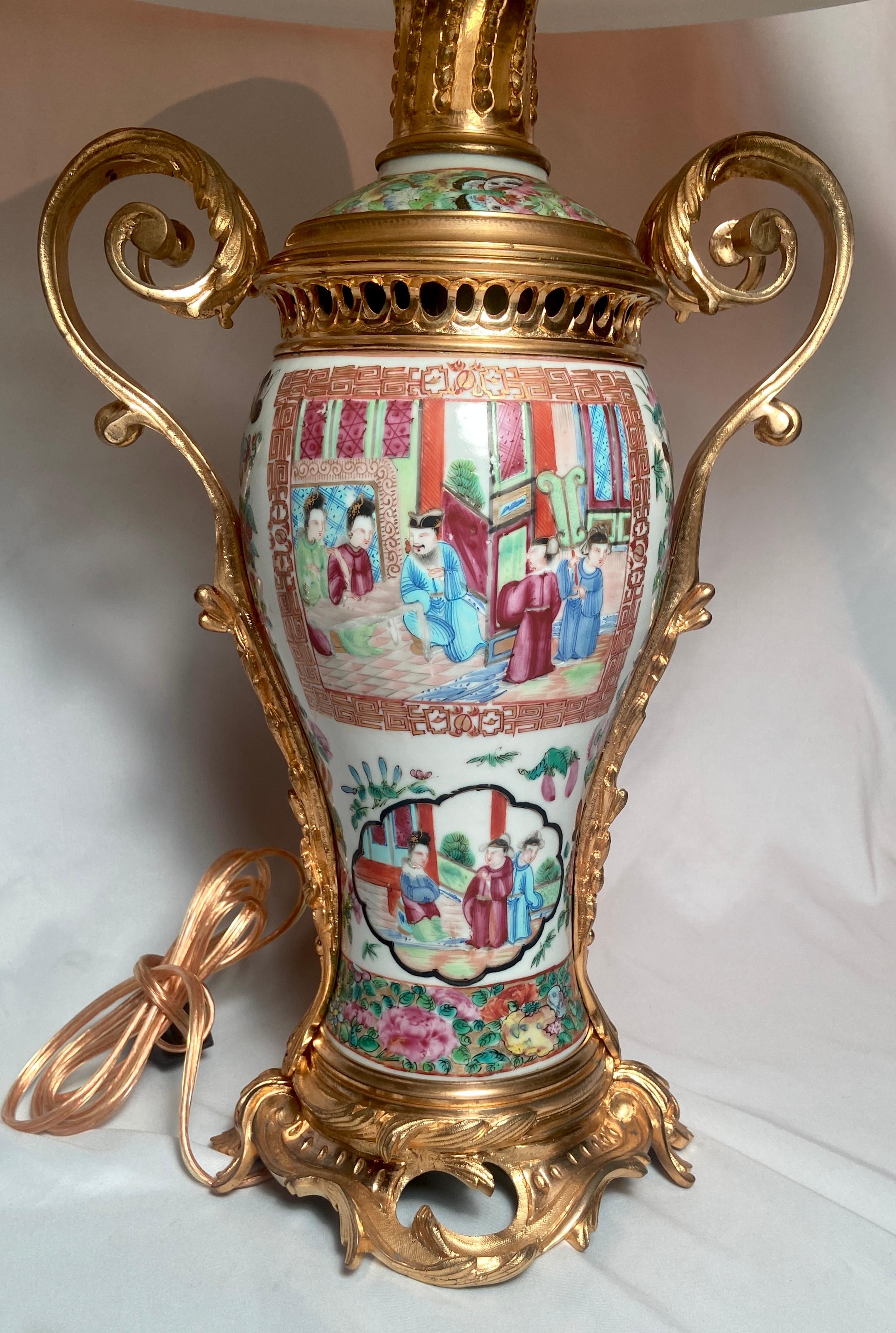 Porcelain Pair Antique 19th Century Famille Rose Bronze D'oré Mounted Lamps For Sale