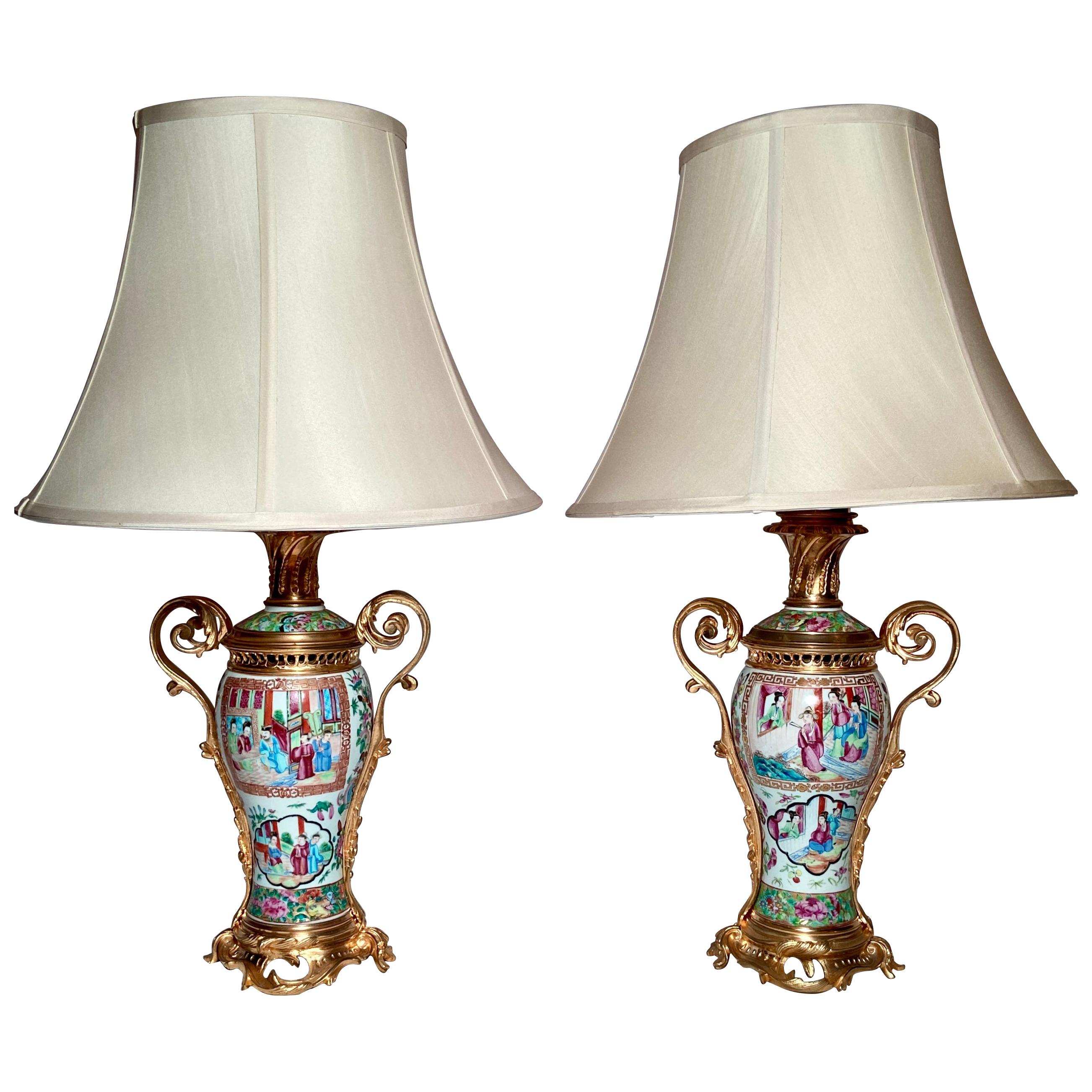 Pair Antique 19th Century Famille Rose Bronze D'oré Mounted Lamps For Sale