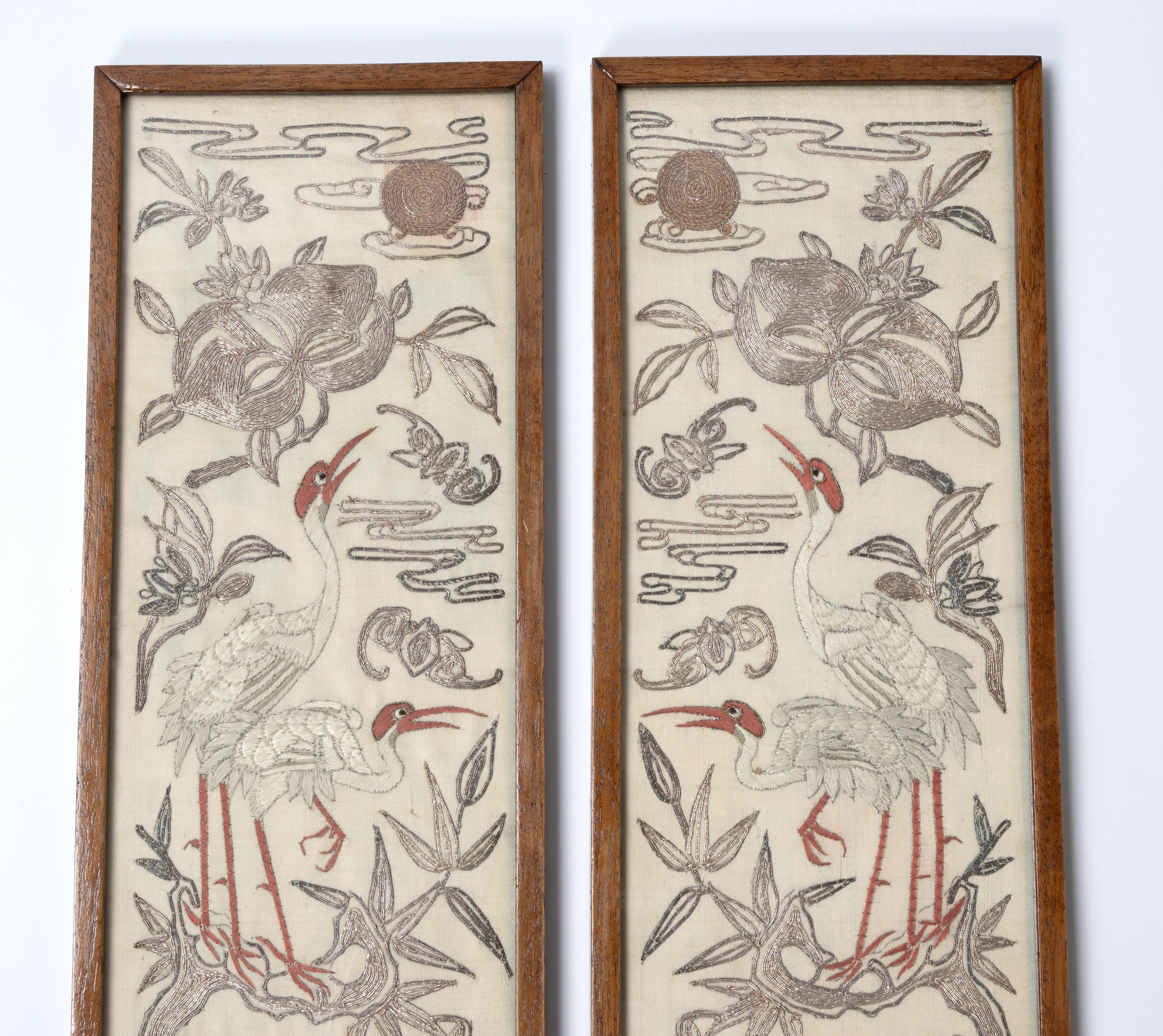 Embroidered Pair Antique 19th Century Framed Chinese Silk Embroidery Panels Qing Dynasty For Sale