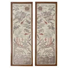 Pair Antique 19th Century Framed Chinese Silk Embroidery Panels Qing Dynasty