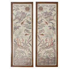 Pair Antique 19th Century Framed Chinese Silk Embroidery Panels Qing Dynasty