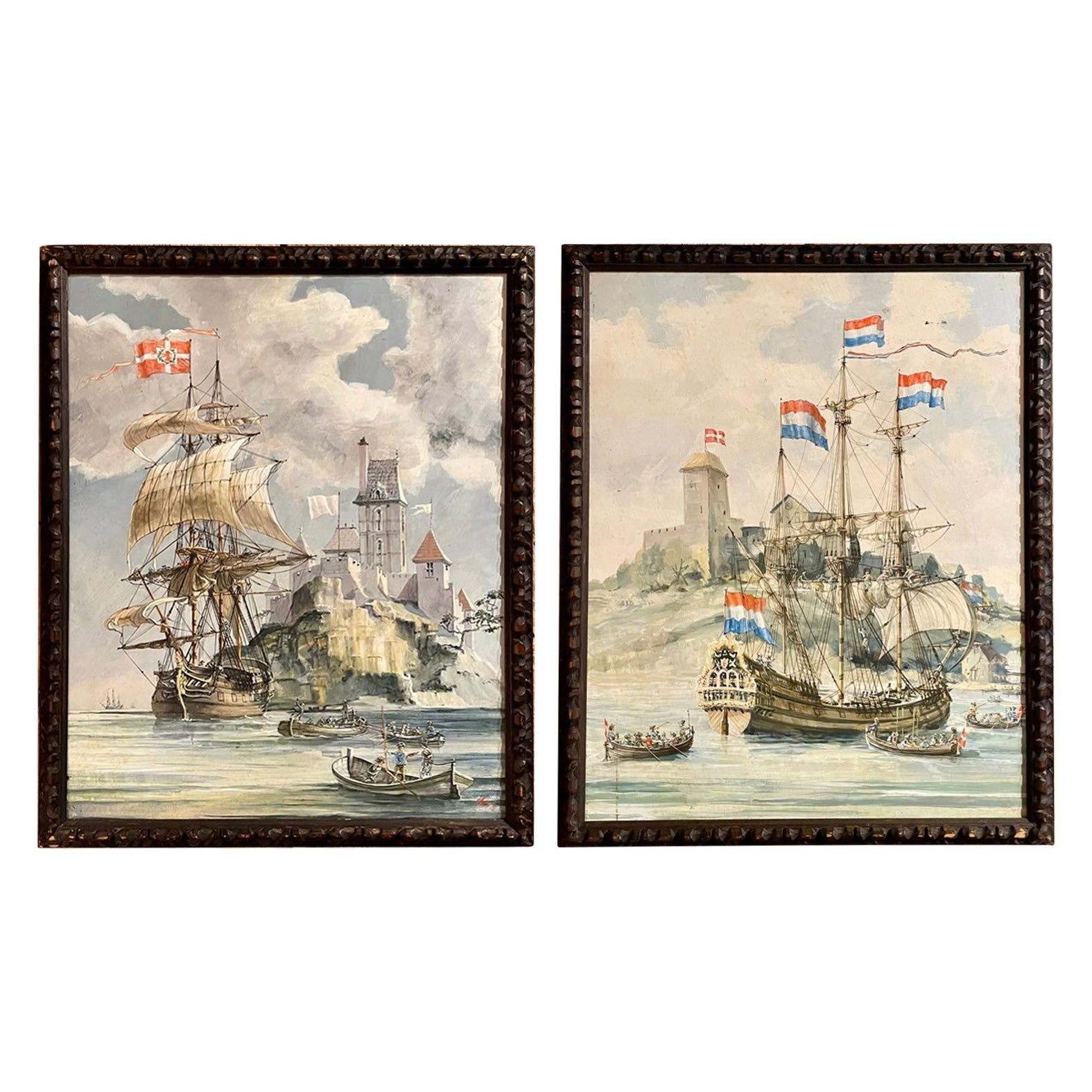 Pair Antique 19th Century Framed Oil on Canvas Paintings of Ships.