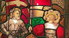 Pair Antique 19th Century Framed Stained Glass Panels Depicting Crusaders.