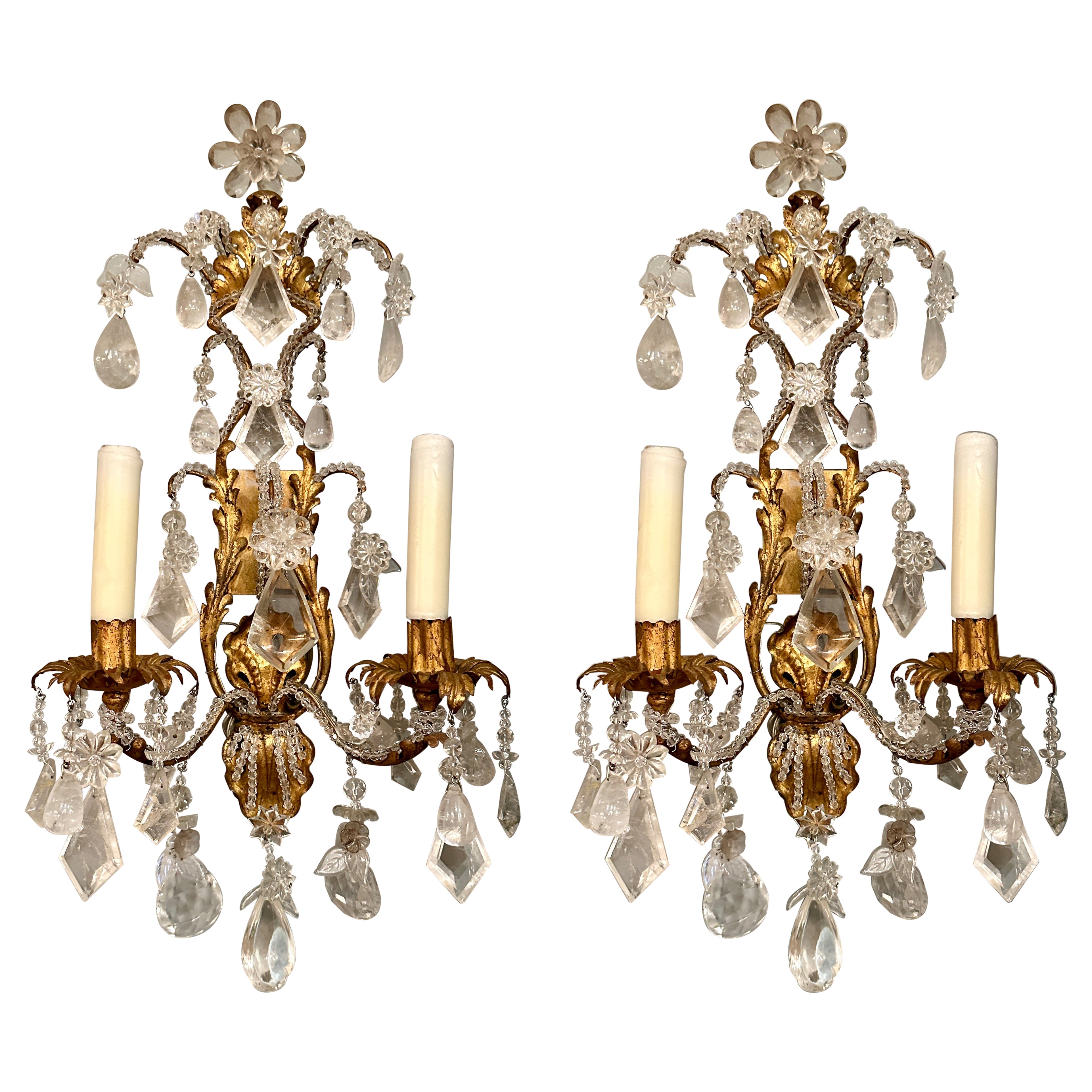 Pair Antique 19th Century French Baccarat and Rock Crystal Wall Sconces.