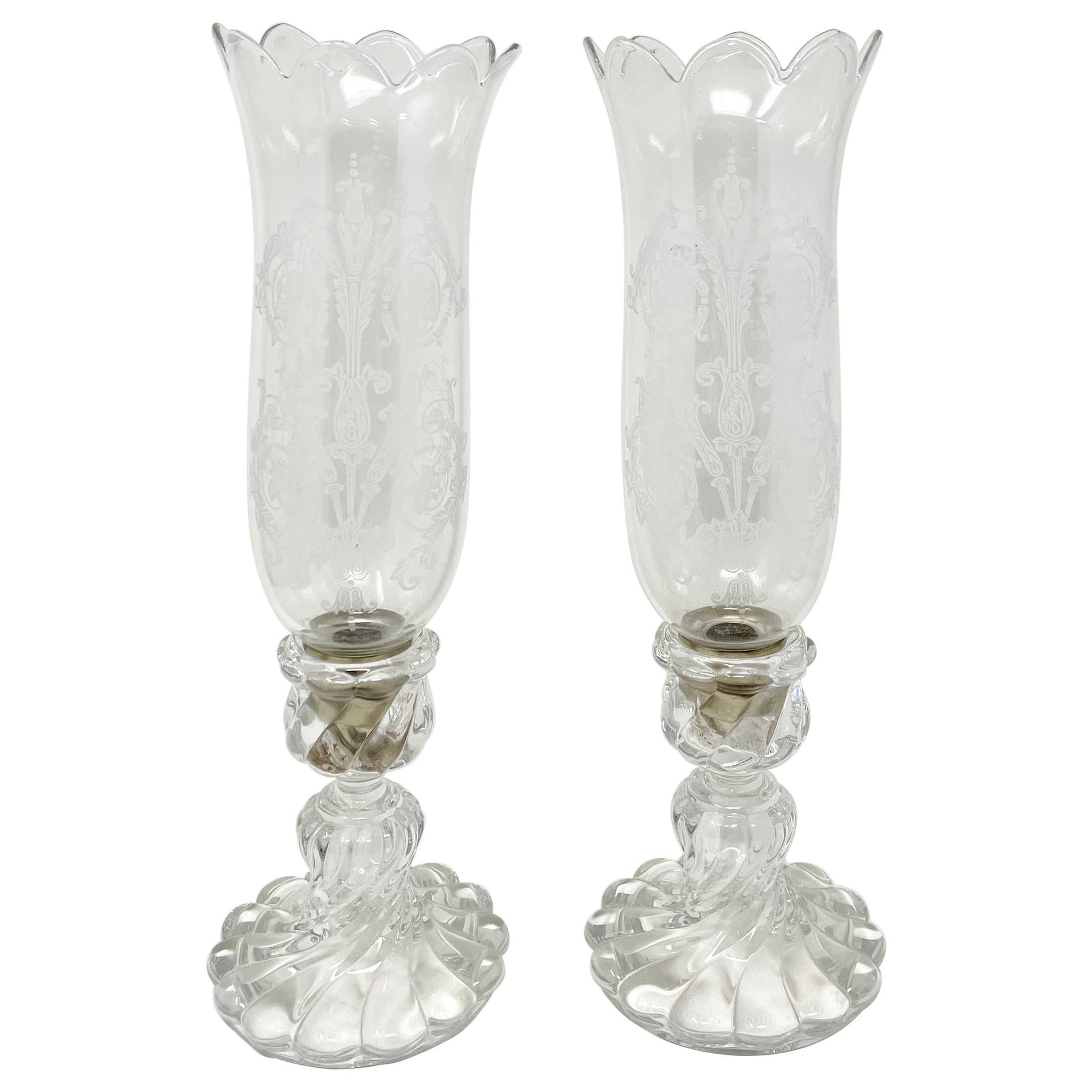 Pair Antique 19th Century French Baccarat Crystal Candlesticks with Shades