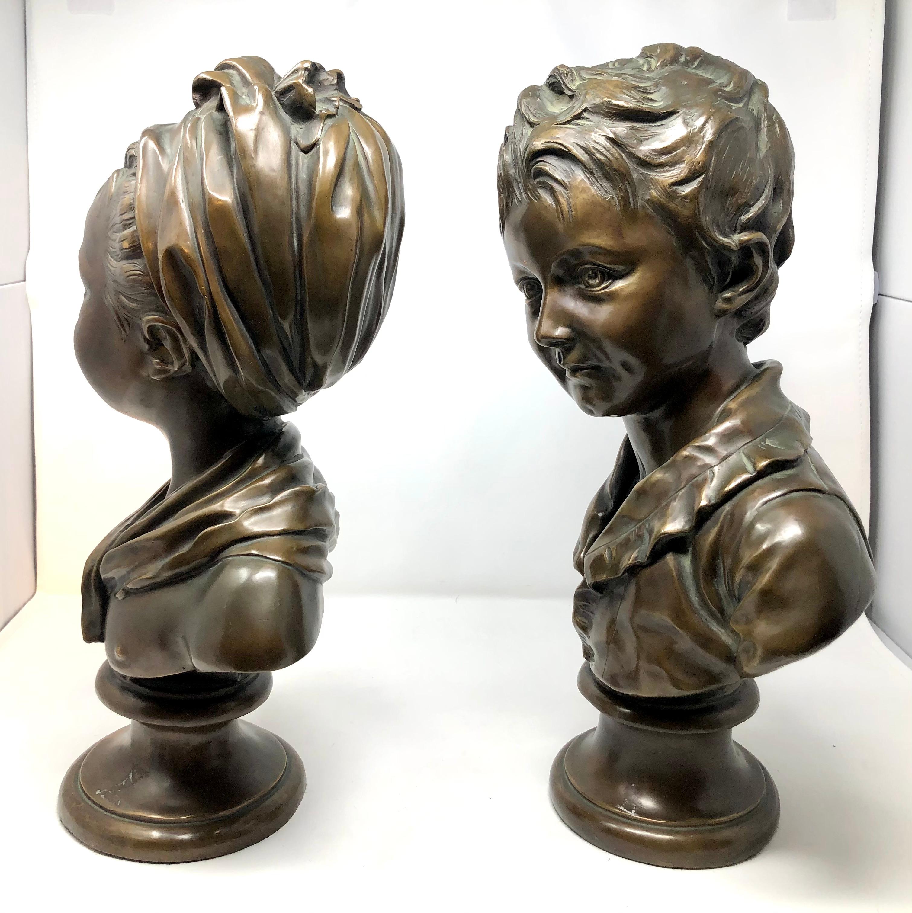 Pair antique 19th century French neo-classical style bronze portrait busts of Children after Jean-Antoine Houdon.