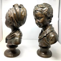 Pair Antique 19th Century French Bronze Portrait Busts of Children after Houdon