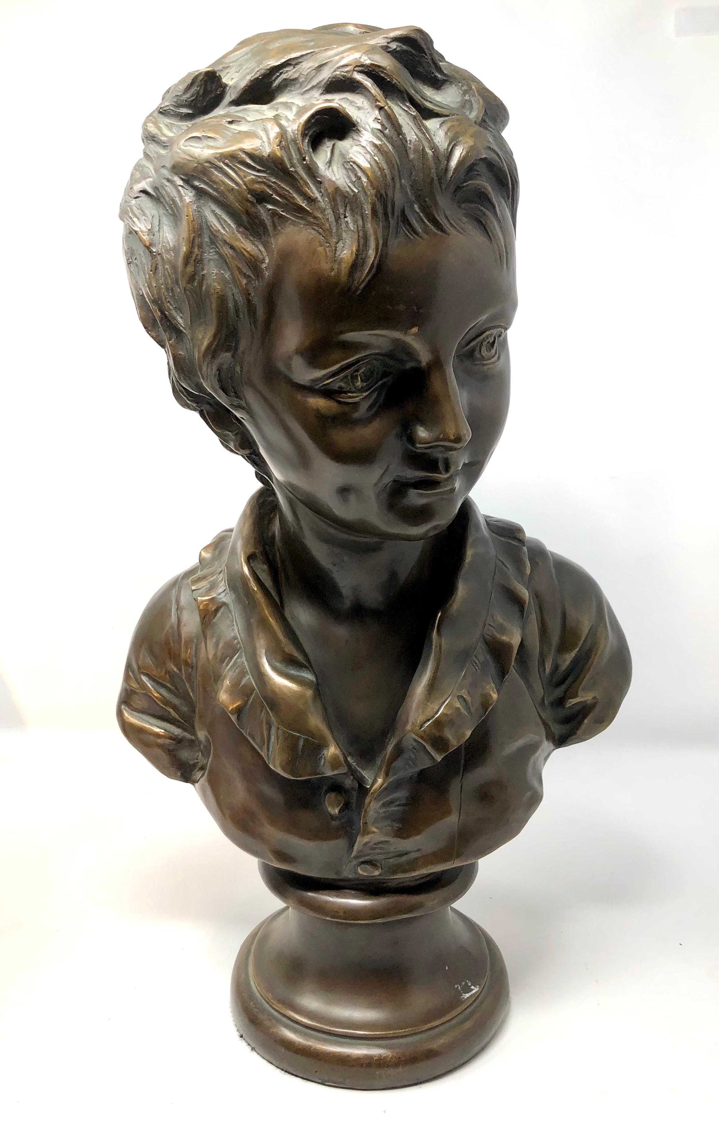 Pair Antique 19th Century French Bronze Portrait Busts of Children after Houdon For Sale 1