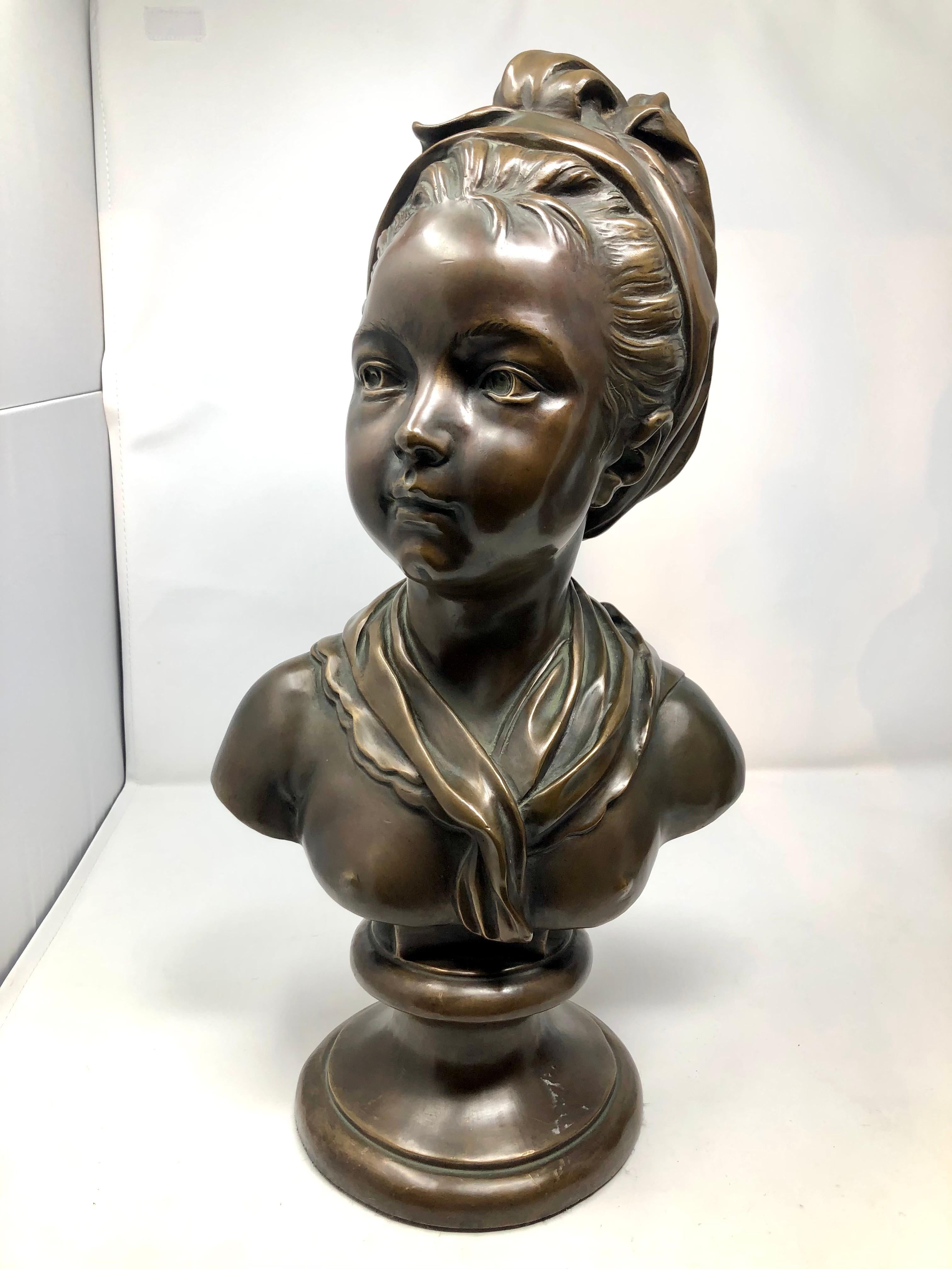 Pair Antique 19th Century French Bronze Portrait Busts of Children after Houdon For Sale 2