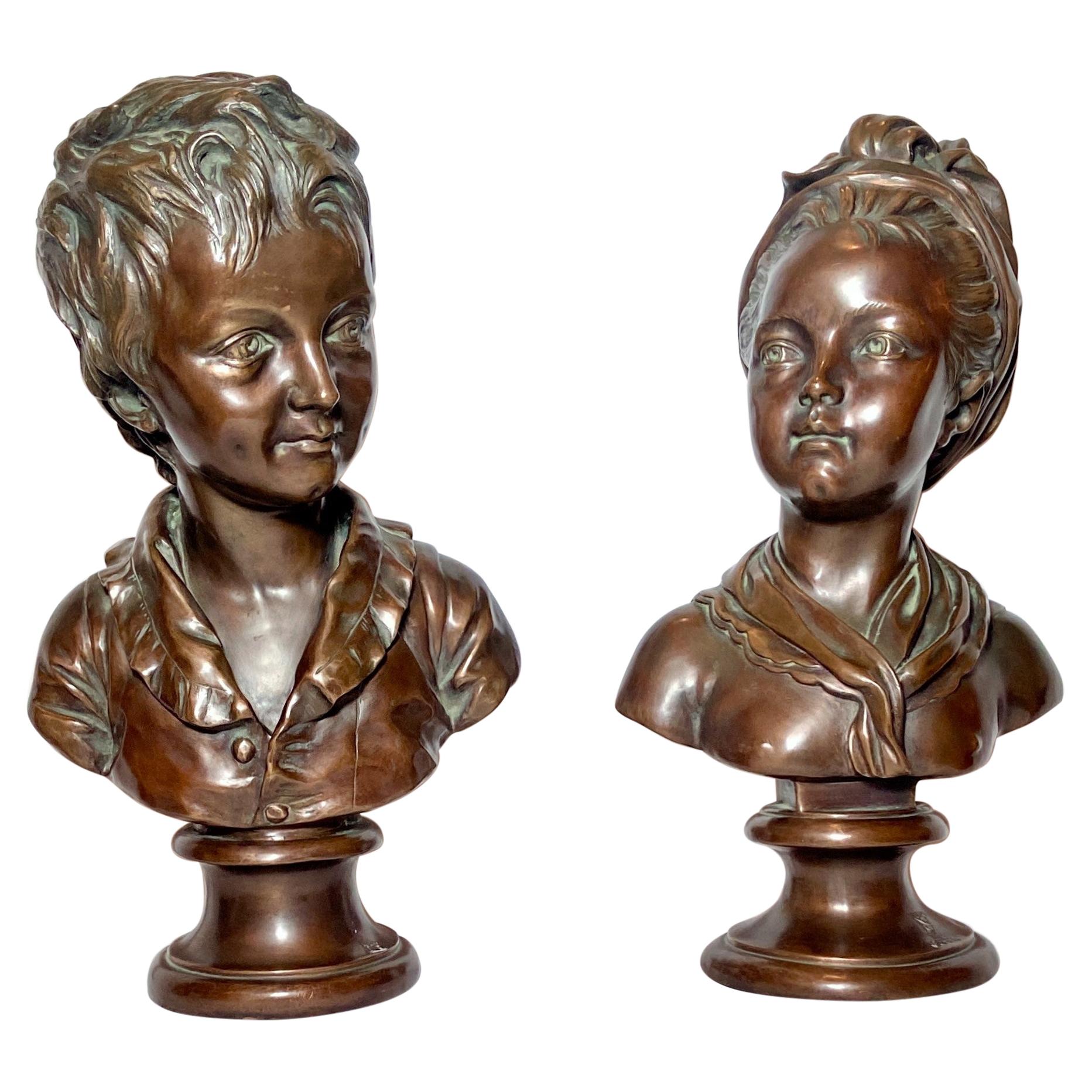Pair Antique 19th Century French Bronze Portrait Busts of Children after Houdon