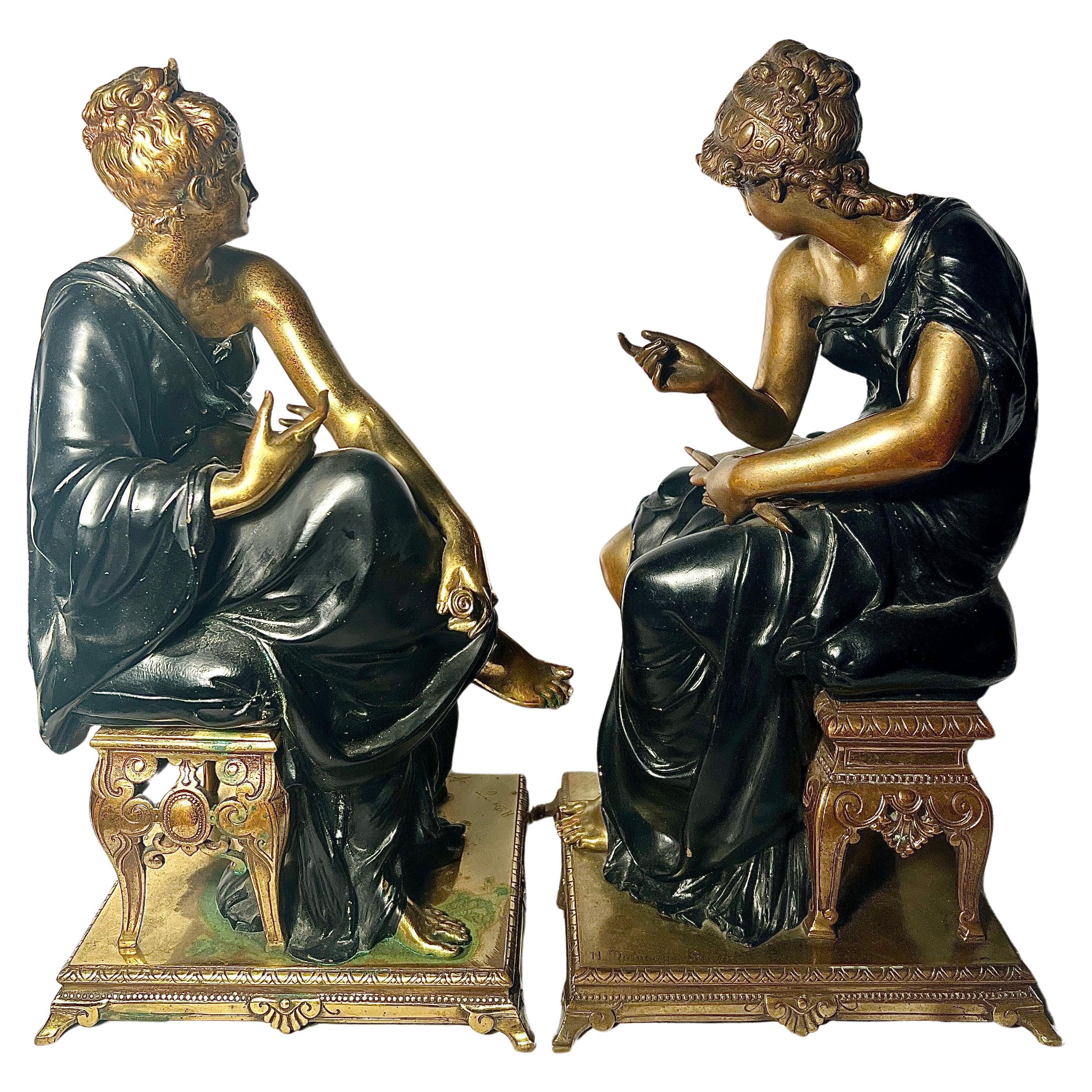 Pair Antique 19th Century French Two Tone Bronze Sculptures of Seated Ladies Signed by Etienne Henri Dumaige (French, 1830-1888).  Sculptures are in both Gold Bronze and Patinated Bronze
