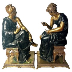 Pair Antique 19th Century French Bronze Sculptures, Seated Ladies by H. Dumaige.