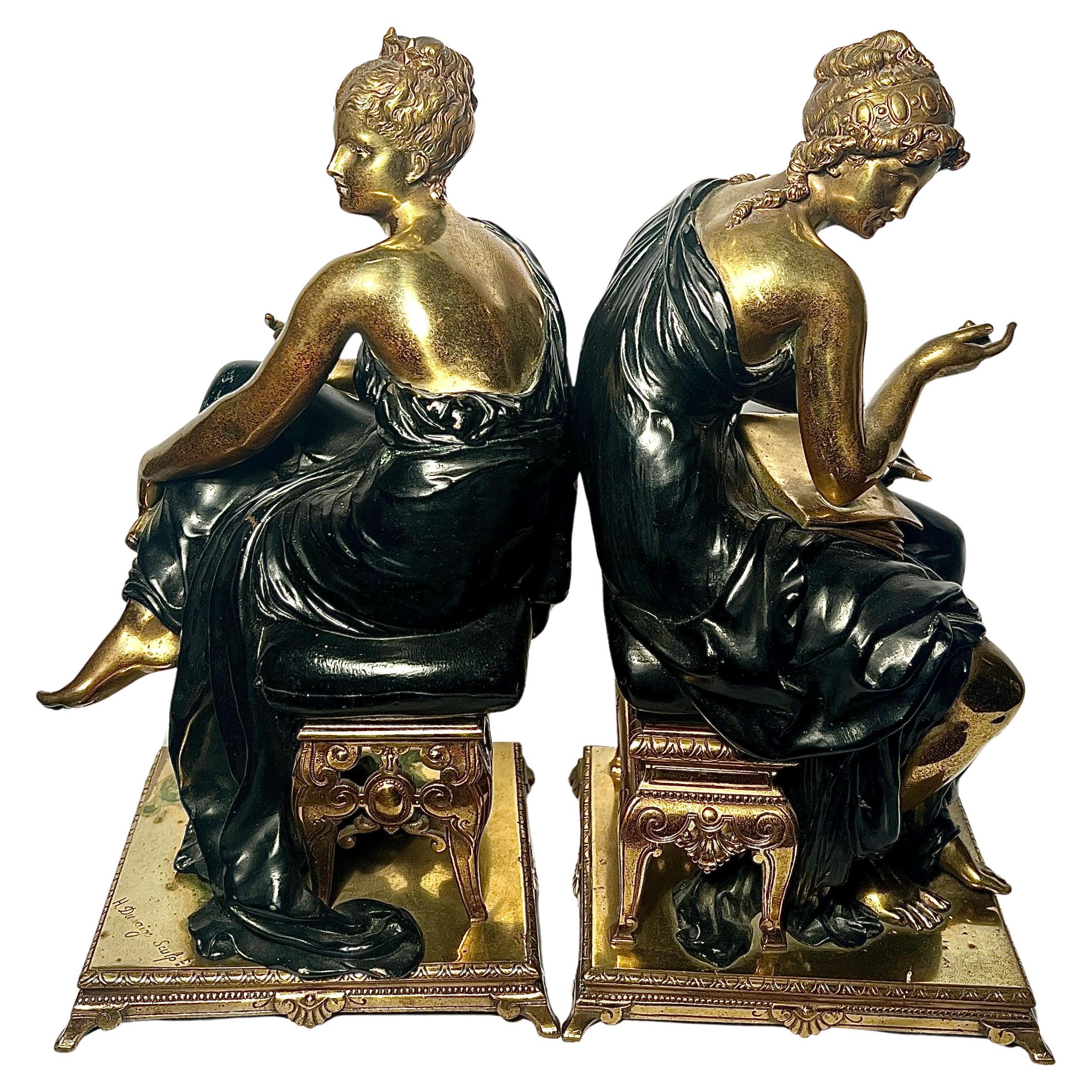 Pair Antique 19th Century French Bronze Sculptures, Seated Ladies by H. Dumaige. For Sale 1