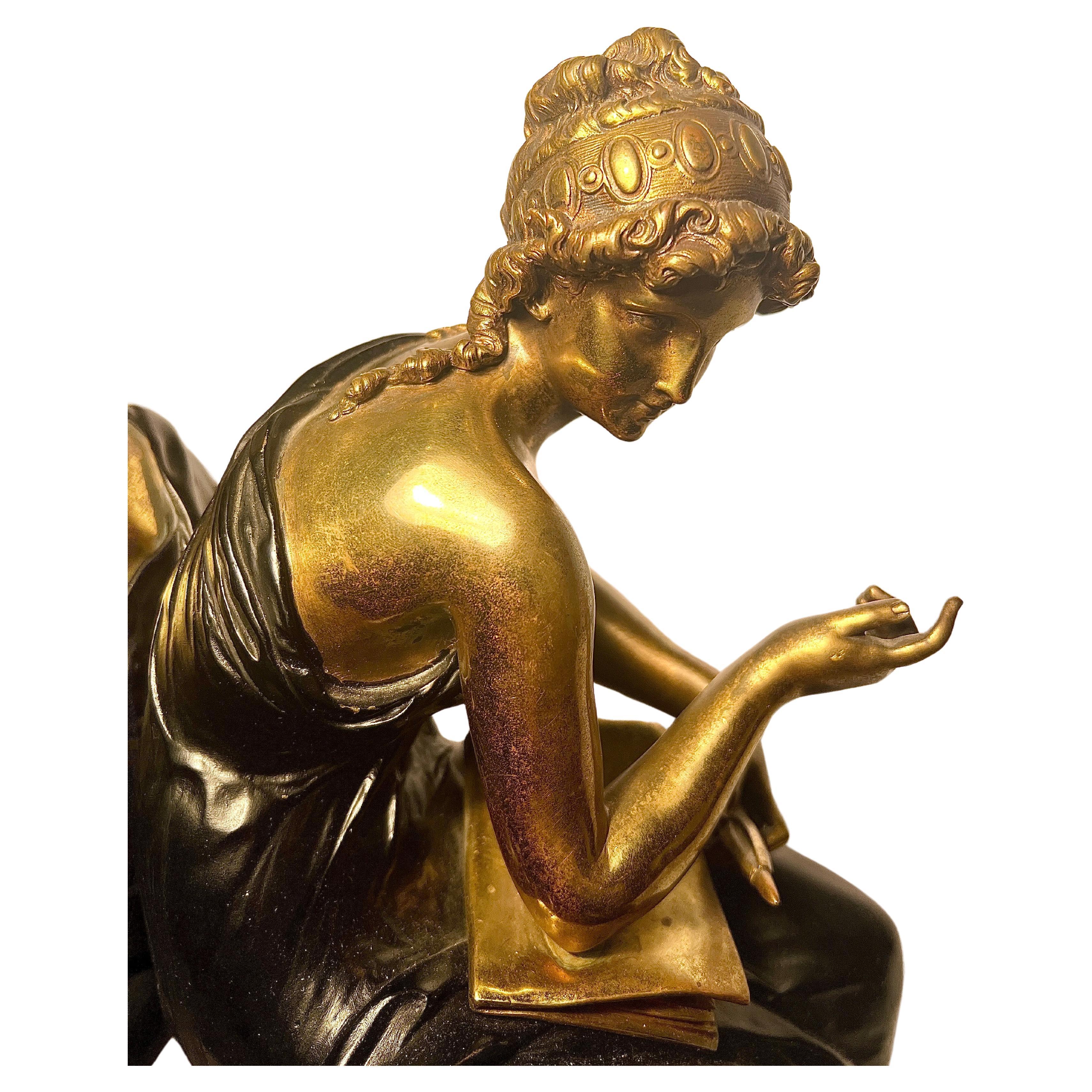 Bronze Paire d'anciennes sculptures en bronze du XIXe siècle, dames assises, par H. Dumaige. en vente