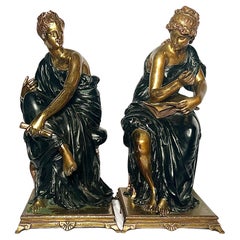 Paire d'anciennes sculptures en bronze du XIXe siècle, dames assises, par H. Dumaige.
