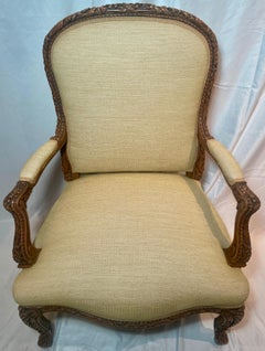 Pair Antique 19th Century French Carved Arm Chairs, Yellow Upholstery, Ca. 1890