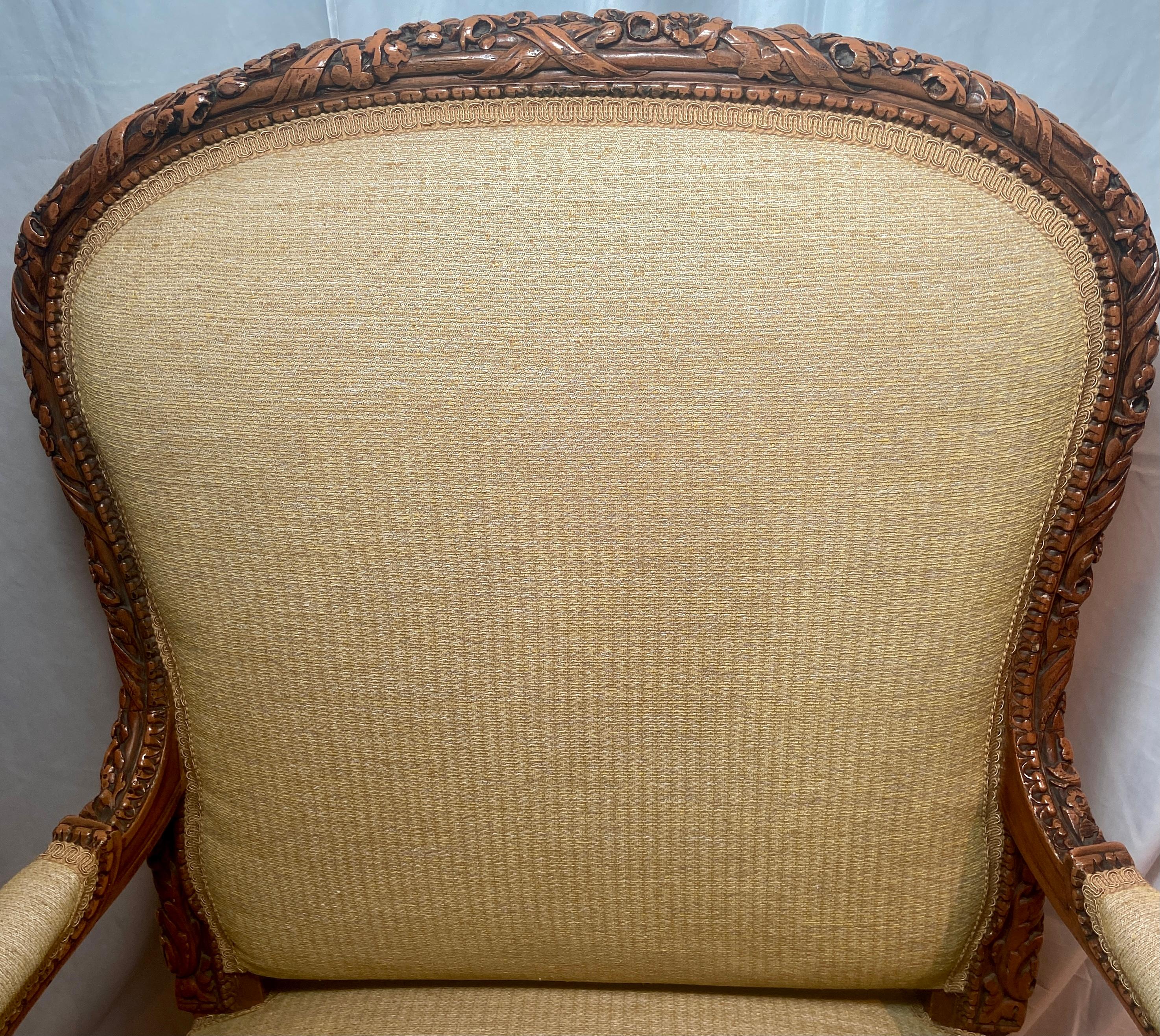 Pair Antique 19th Century French Carved Arm Chairs, Yellow Upholstery, Ca. 1890 In Good Condition For Sale In New Orleans, LA