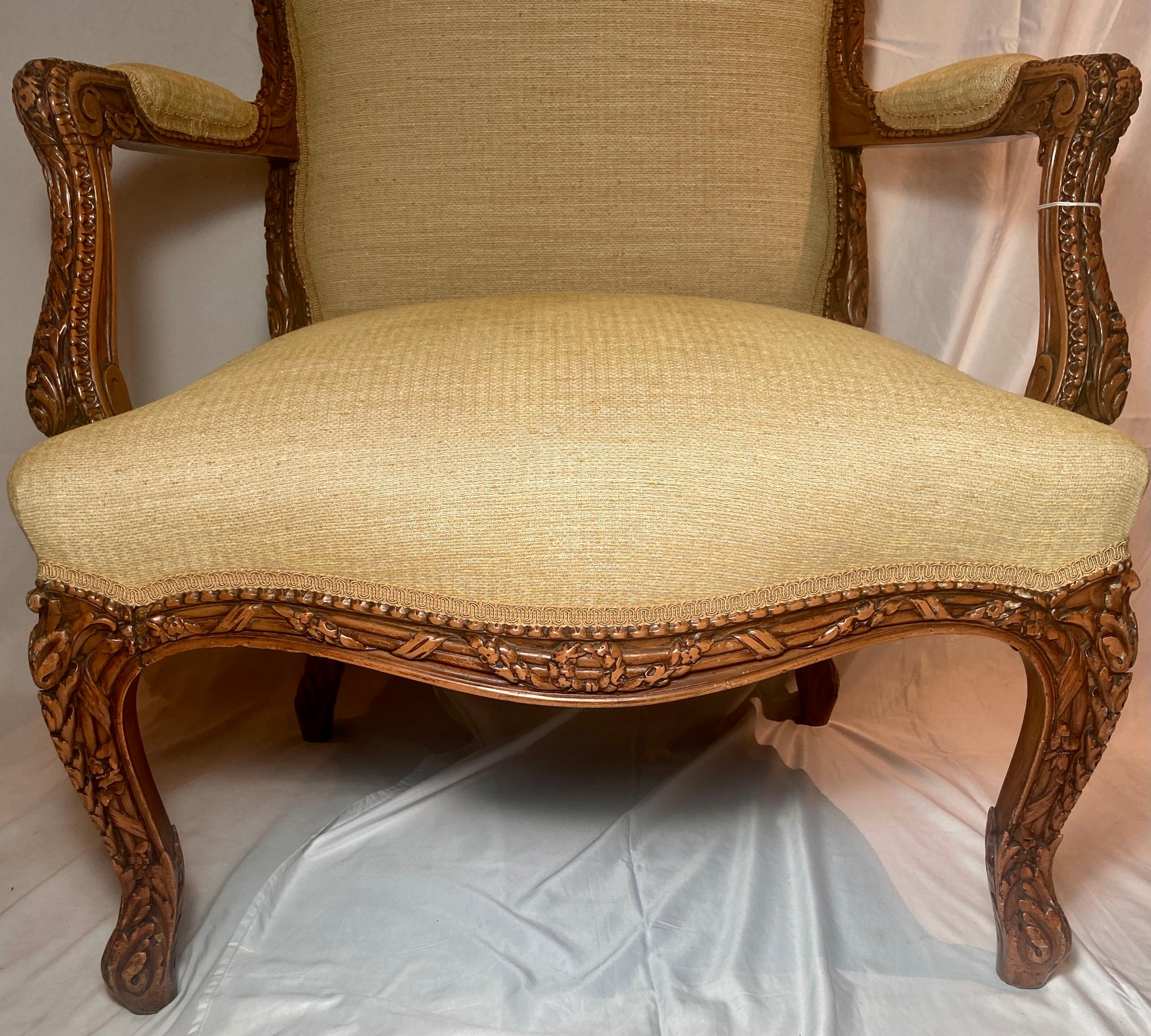 Wood Pair Antique 19th Century French Carved Arm Chairs, Yellow Upholstery, Ca. 1890 For Sale