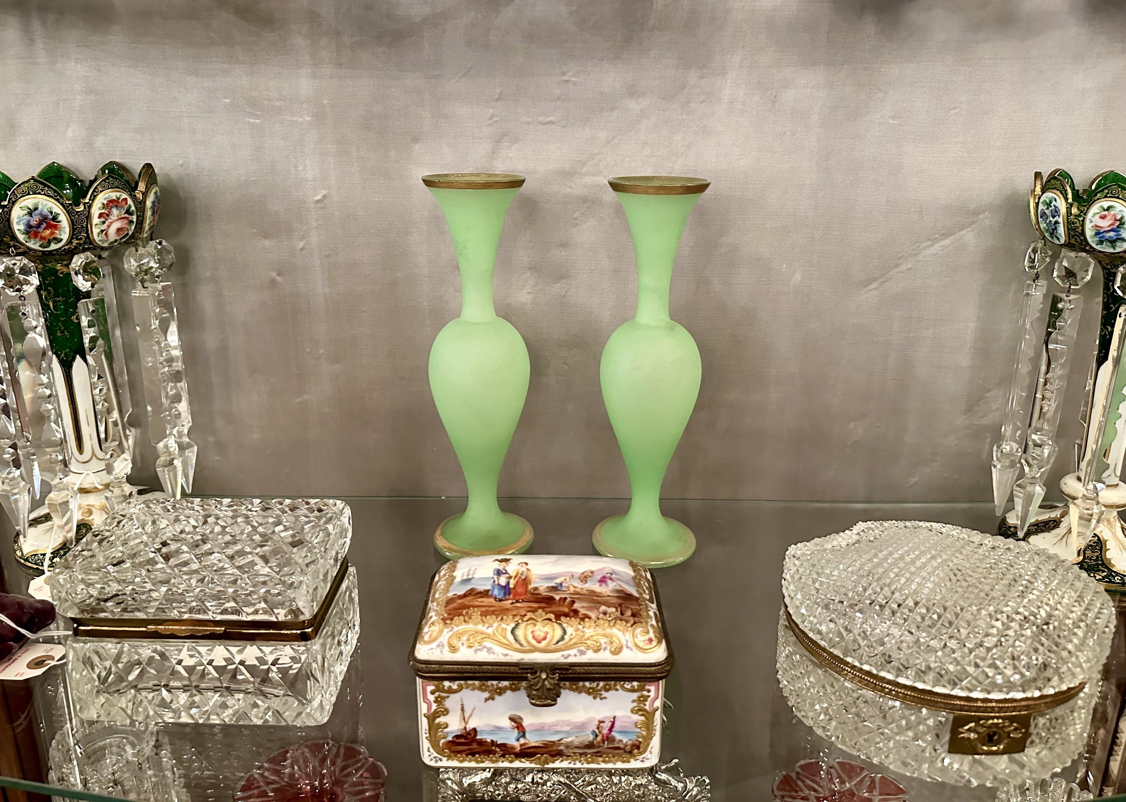 Pair Antique 19th Century French Chartreuse Green and Gold Opaline Glass Vases. For Sale 3