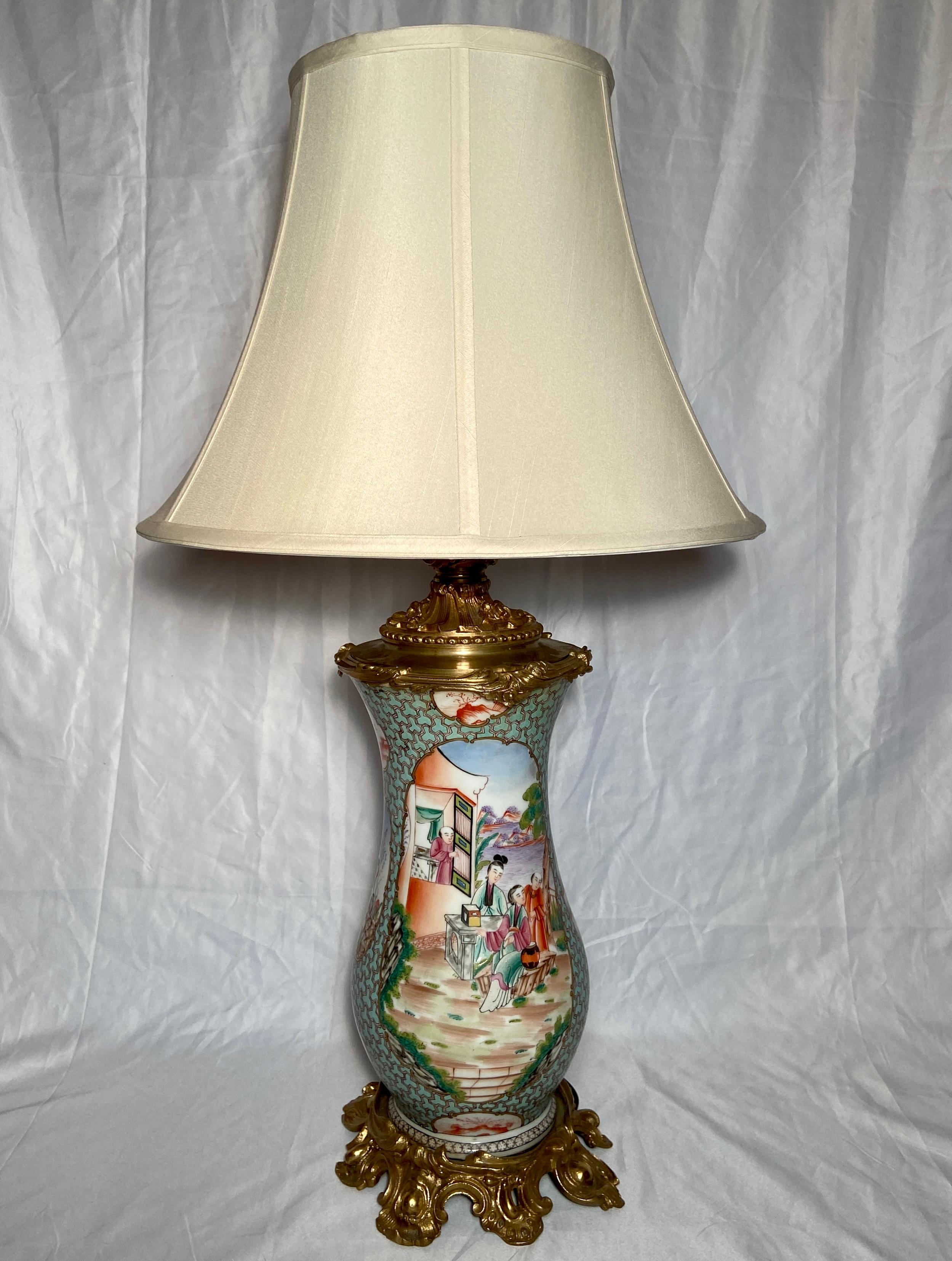 Pair antique 19th century French chinoiserie porcelain and gold bronze lamps. Unusual color porcelain.