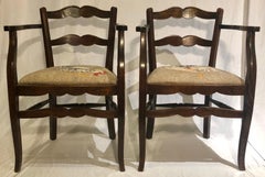 Pair Antique 19th Century French Country Armchairs, Rooster Upholstery, Ca 1890