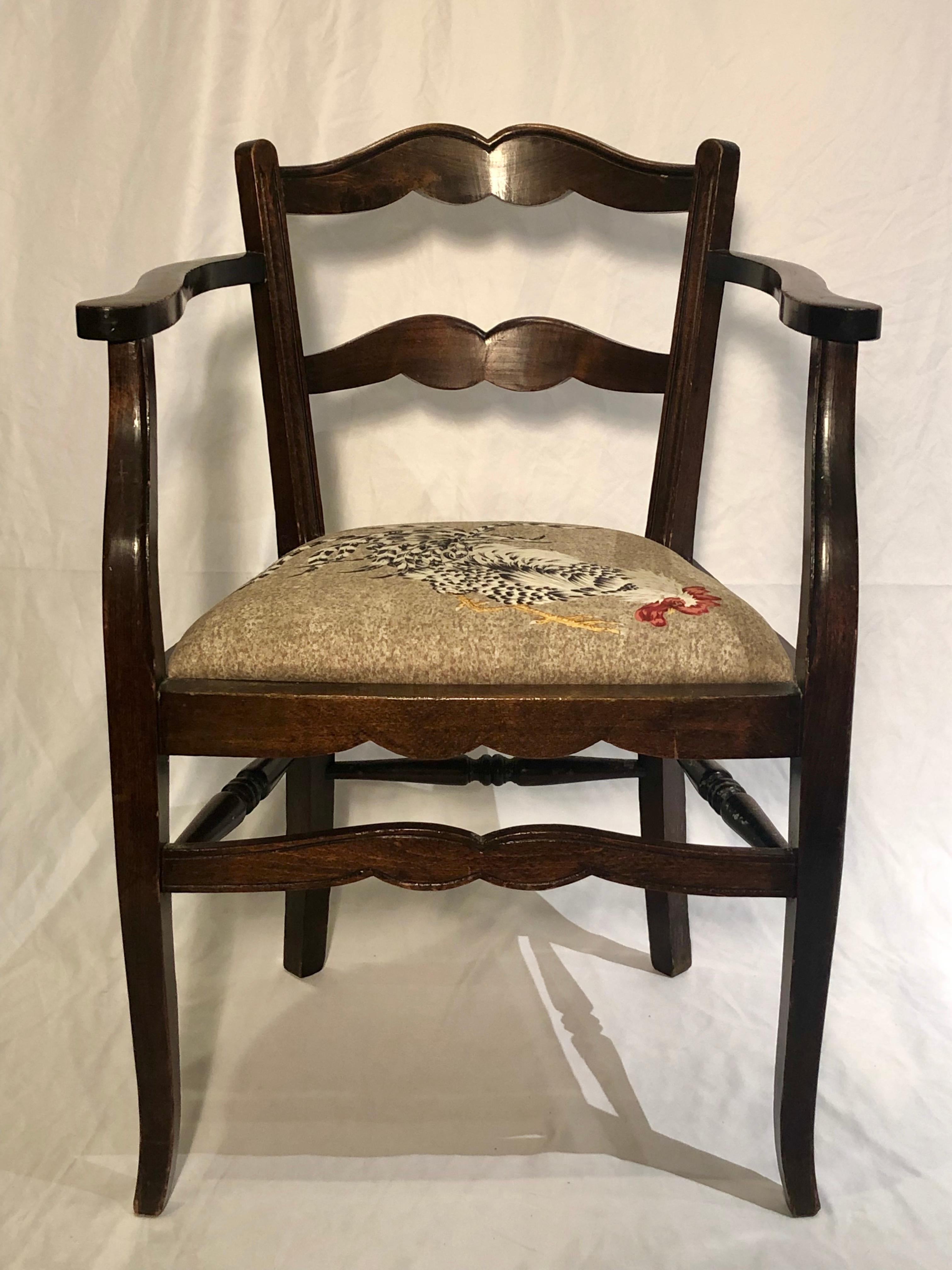 Pair Antique 19th Century French Country Armchairs, Rooster Upholstery, Ca 1890 In Good Condition For Sale In New Orleans, LA