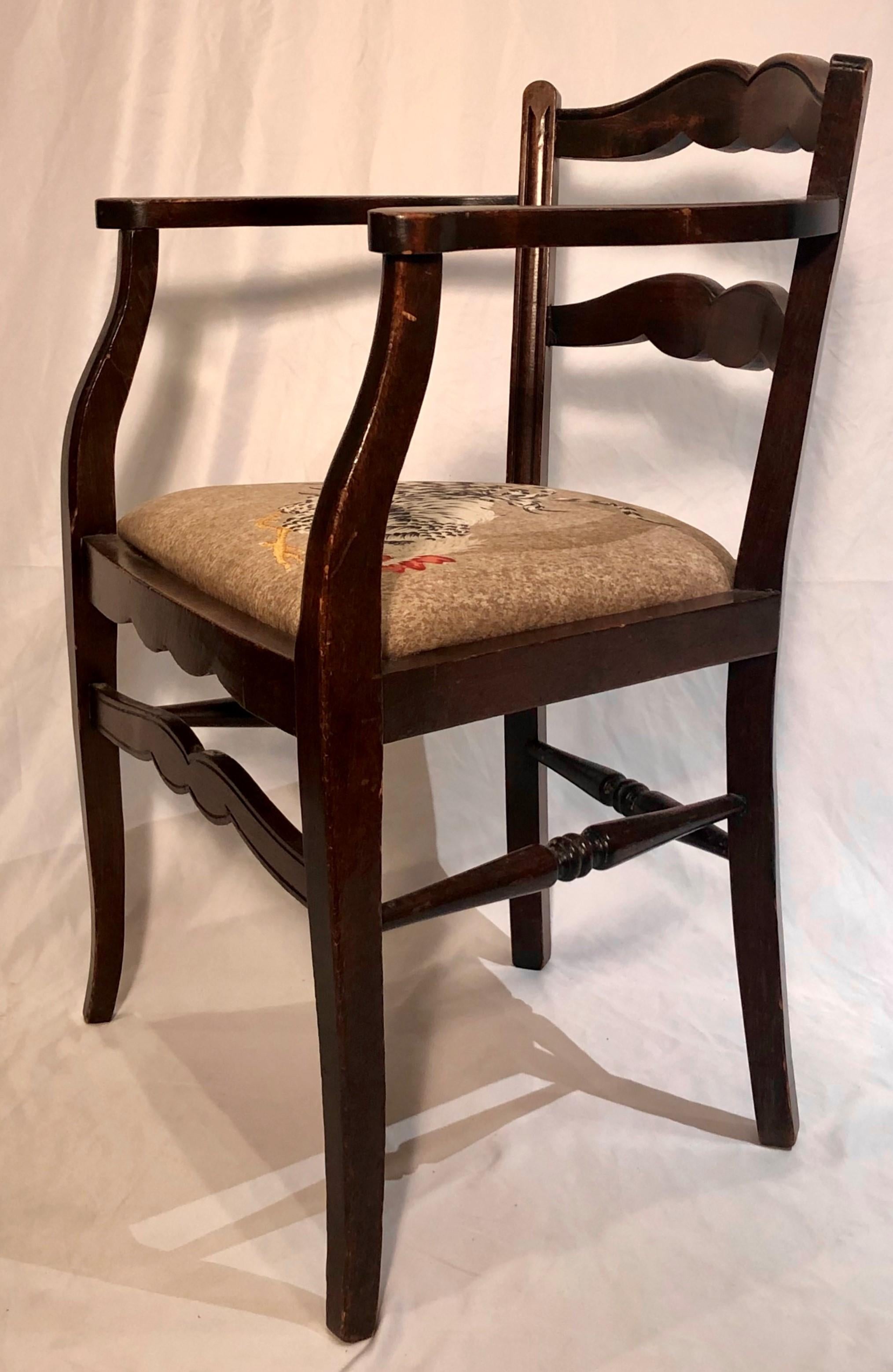 Wood Pair Antique 19th Century French Country Armchairs, Rooster Upholstery, Ca 1890 For Sale