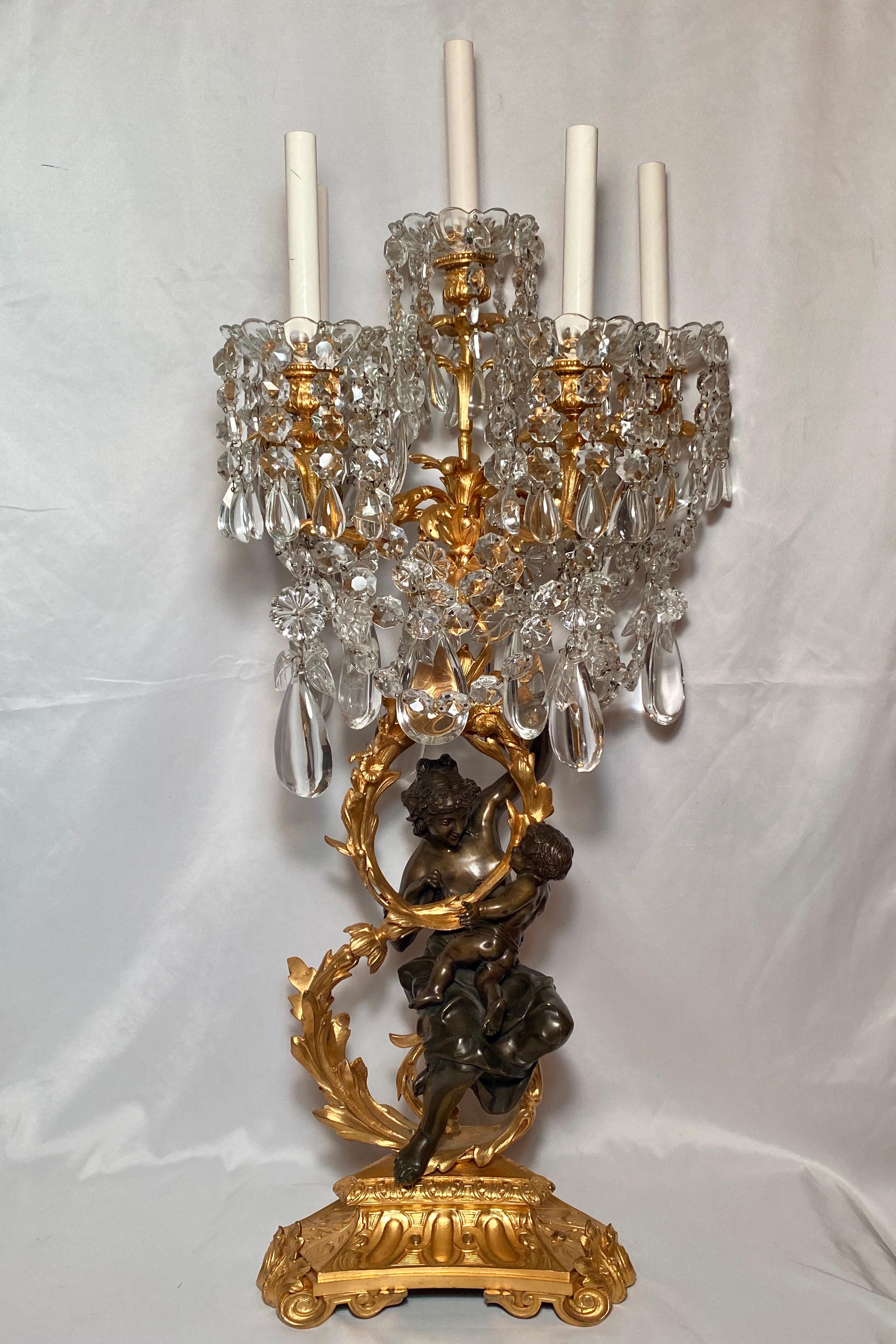 Pair Antique 19th Century French Crystal, Ormolu and Patented Bronze Candelabra. In Good Condition For Sale In New Orleans, LA