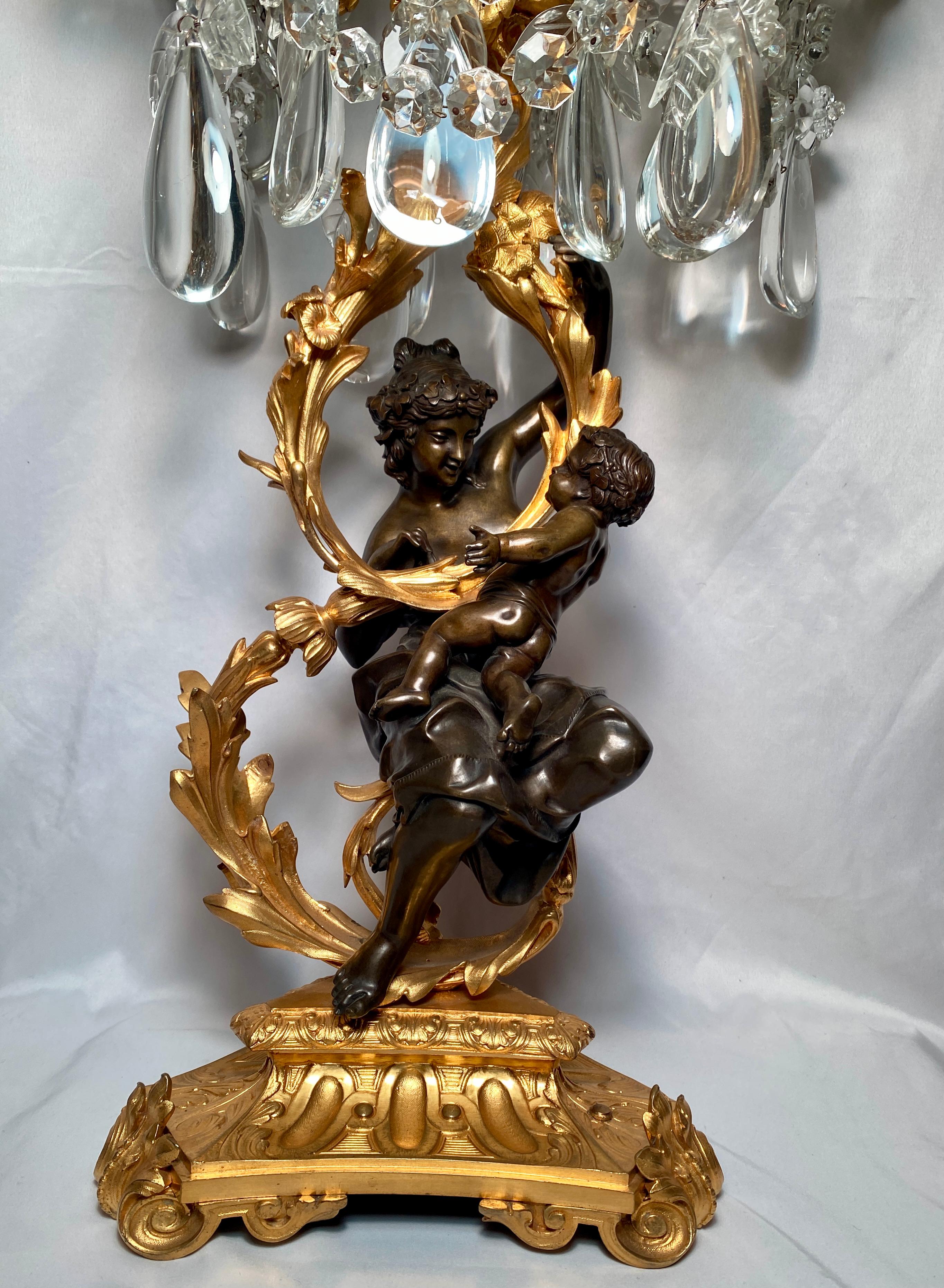 Pair Antique 19th Century French Crystal, Ormolu and Patented Bronze Candelabra. For Sale 1