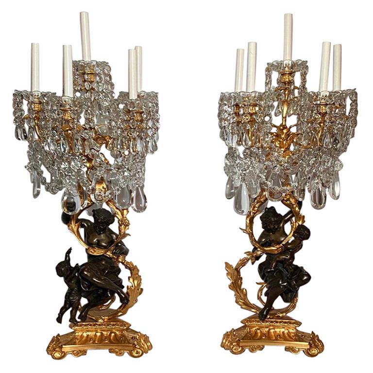 Pair Antique 19th Century French Crystal, Ormolu and Patented Bronze Candelabra. For Sale