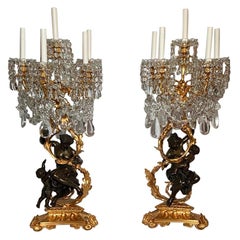 Pair Antique 19th Century French Crystal, Ormolu and Patented Bronze Candelabra.
