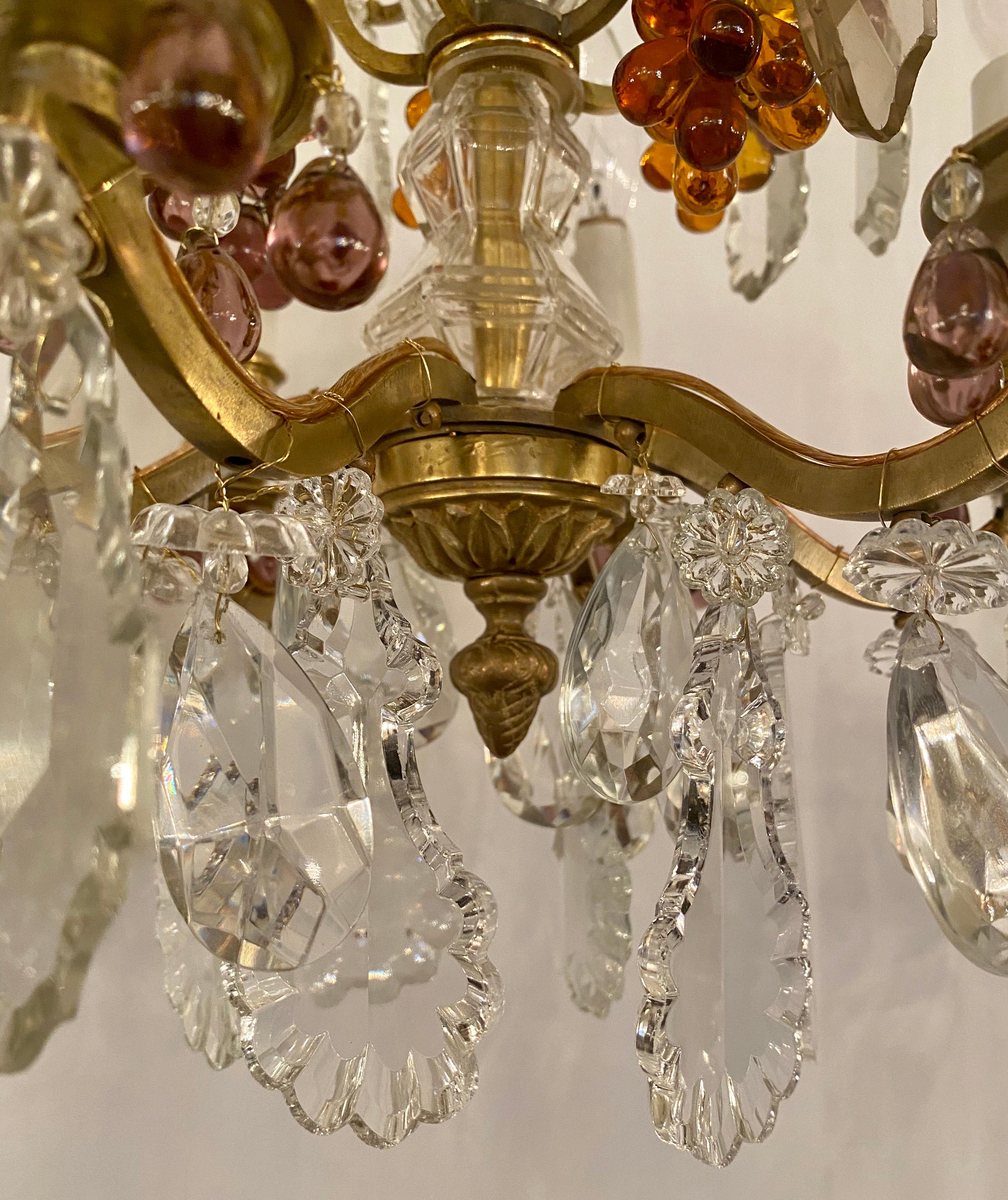Pair of 19th Century French Gold Bronze Clear and Colored Crystal Chandeliers 7