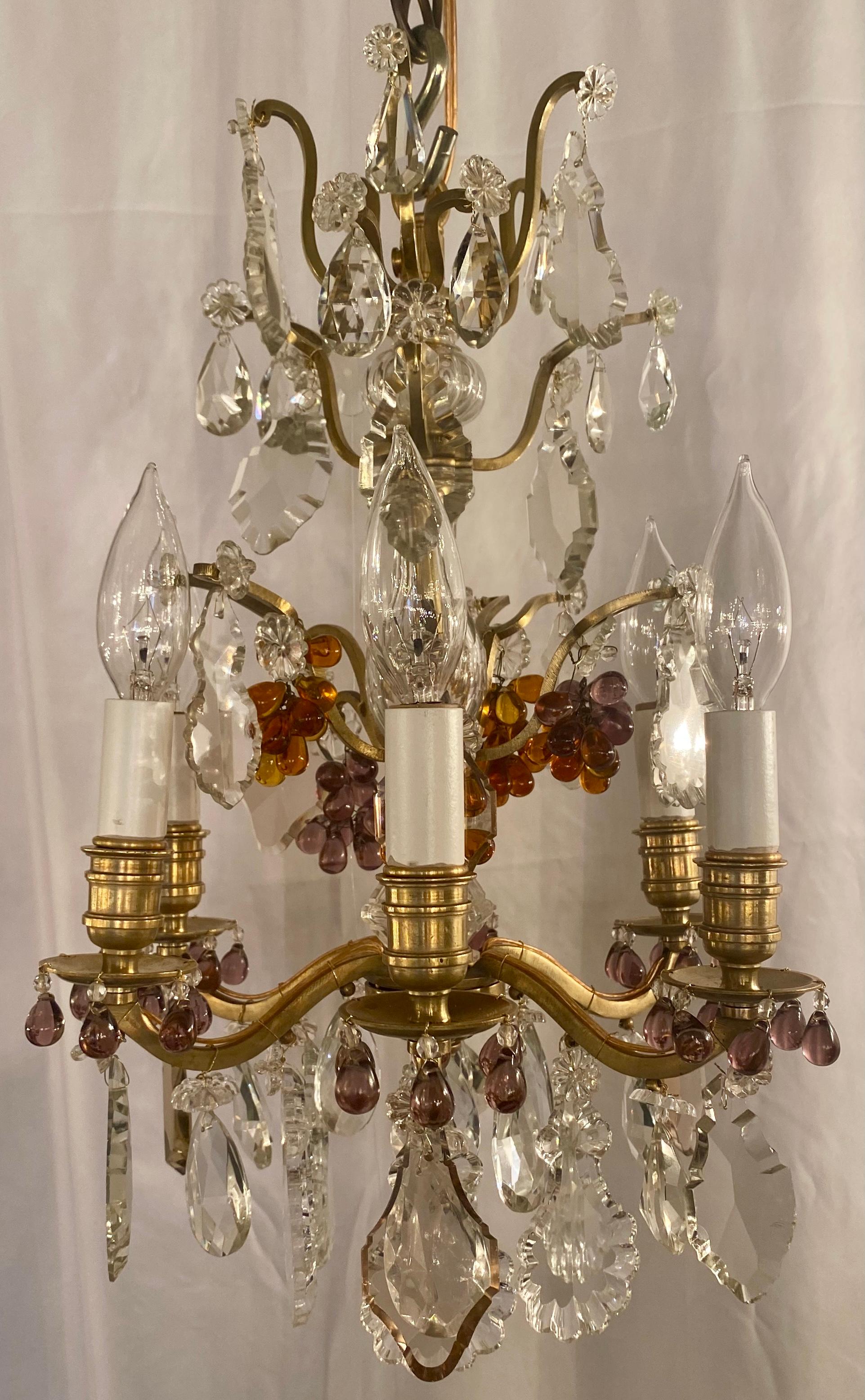 Pair of 19th Century French Gold Bronze Clear and Colored Crystal Chandeliers 8