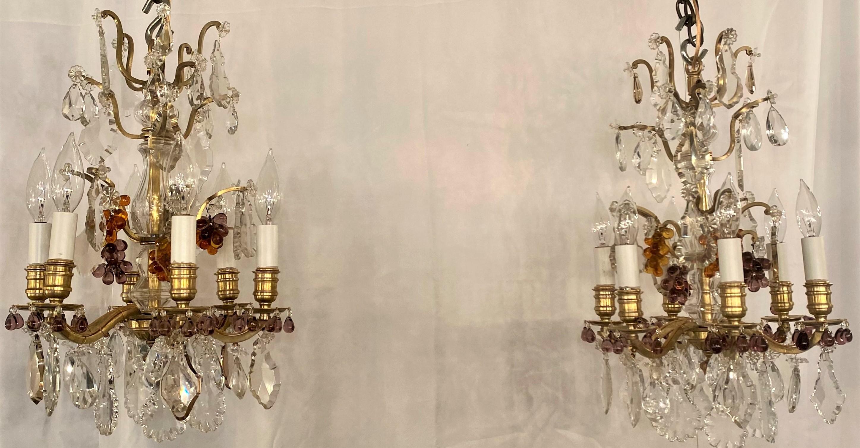 Pair of 19th Century French Gold Bronze Clear and Colored Crystal Chandeliers In Good Condition In New Orleans, LA