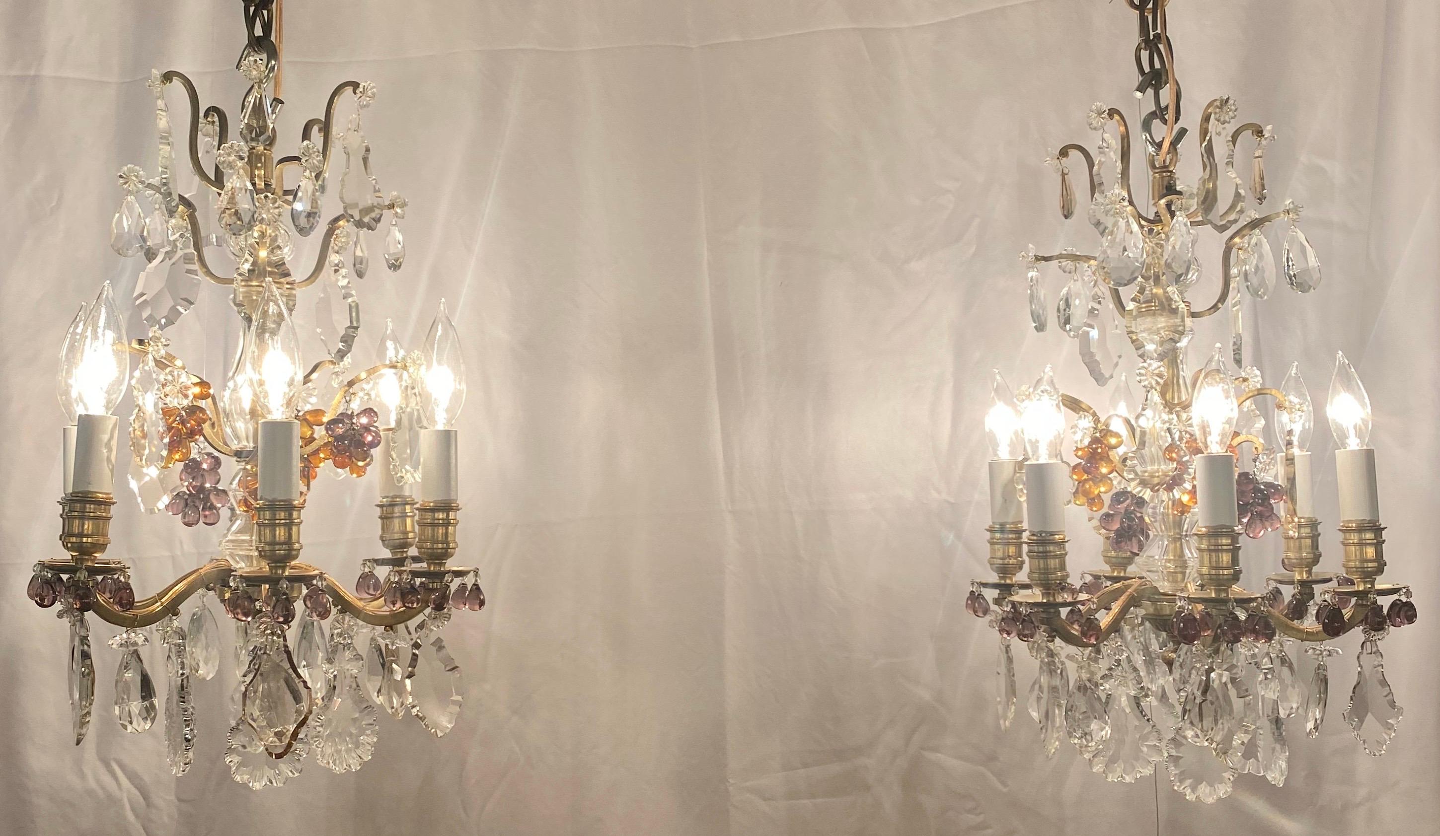 Pair of 19th Century French Gold Bronze Clear and Colored Crystal Chandeliers 1