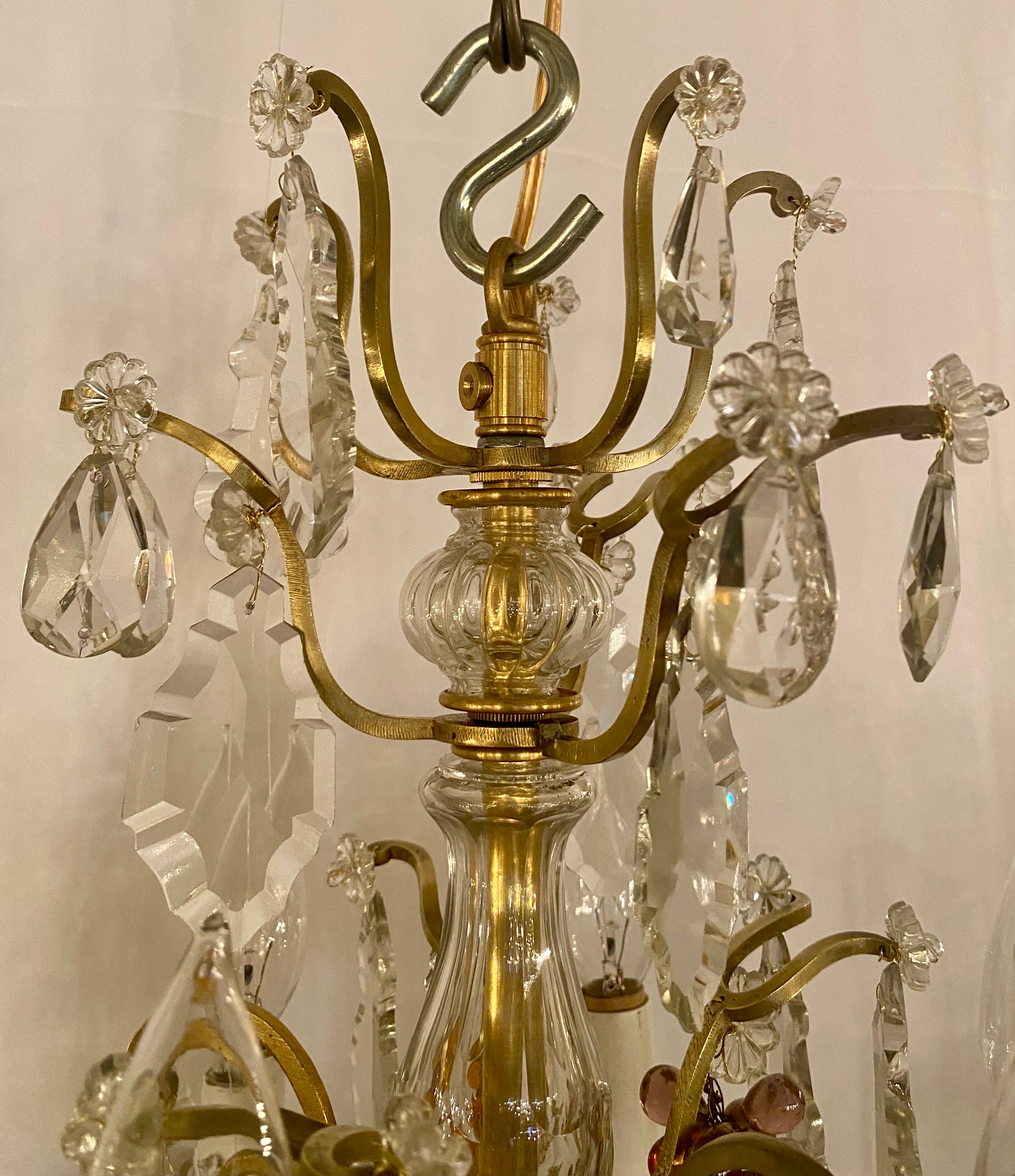 Pair of 19th Century French Gold Bronze Clear and Colored Crystal Chandeliers 2