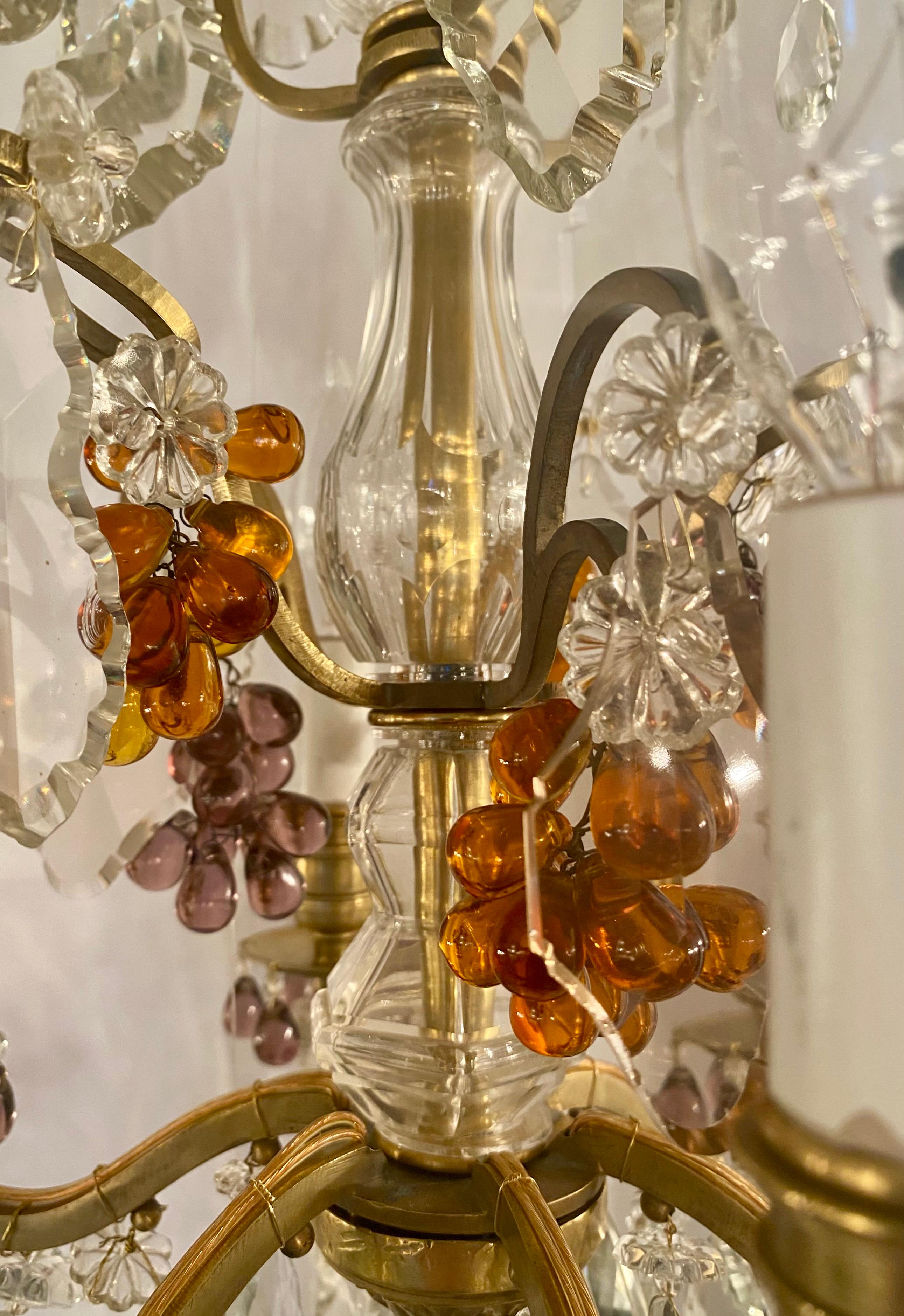 Pair of 19th Century French Gold Bronze Clear and Colored Crystal Chandeliers 3