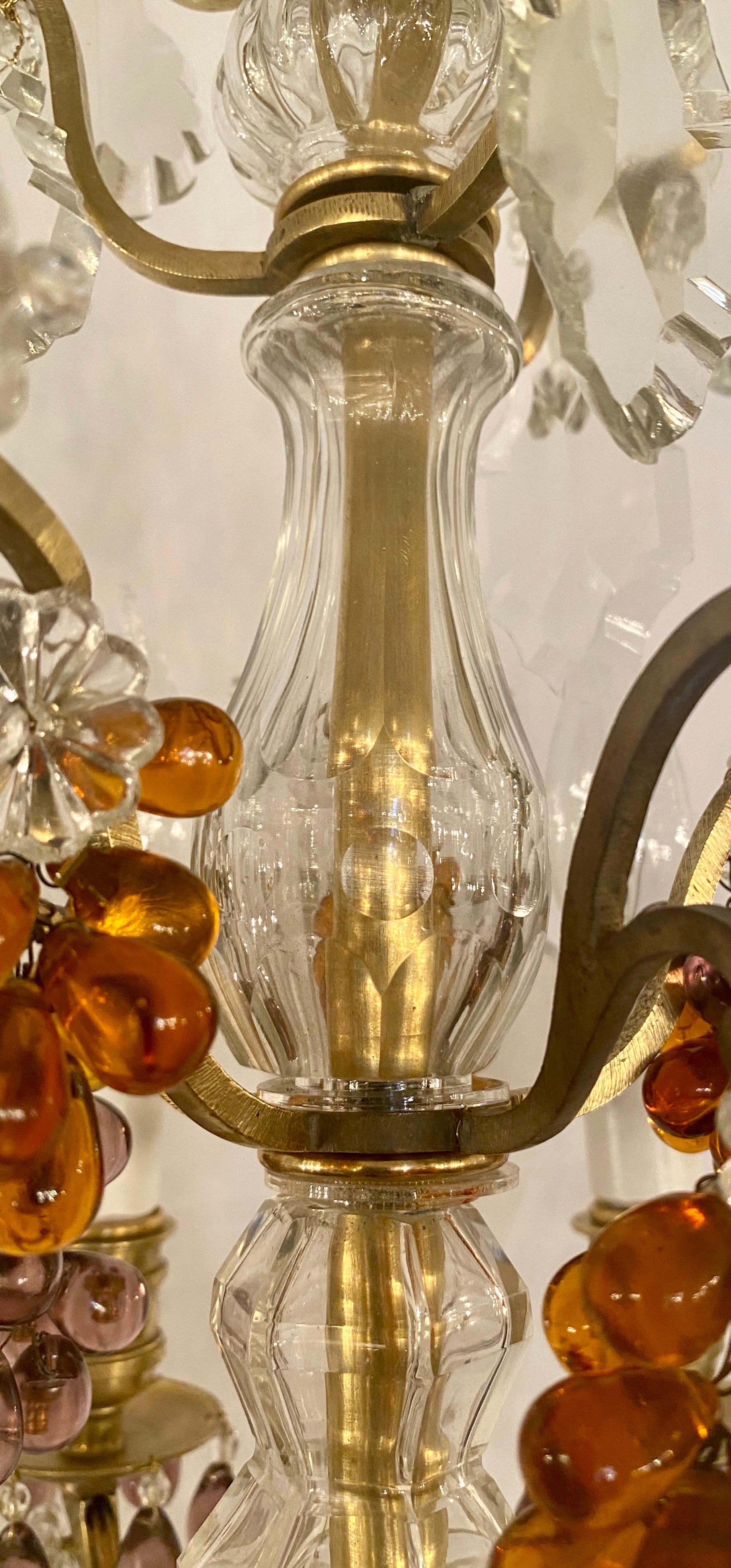 Pair of 19th Century French Gold Bronze Clear and Colored Crystal Chandeliers 4